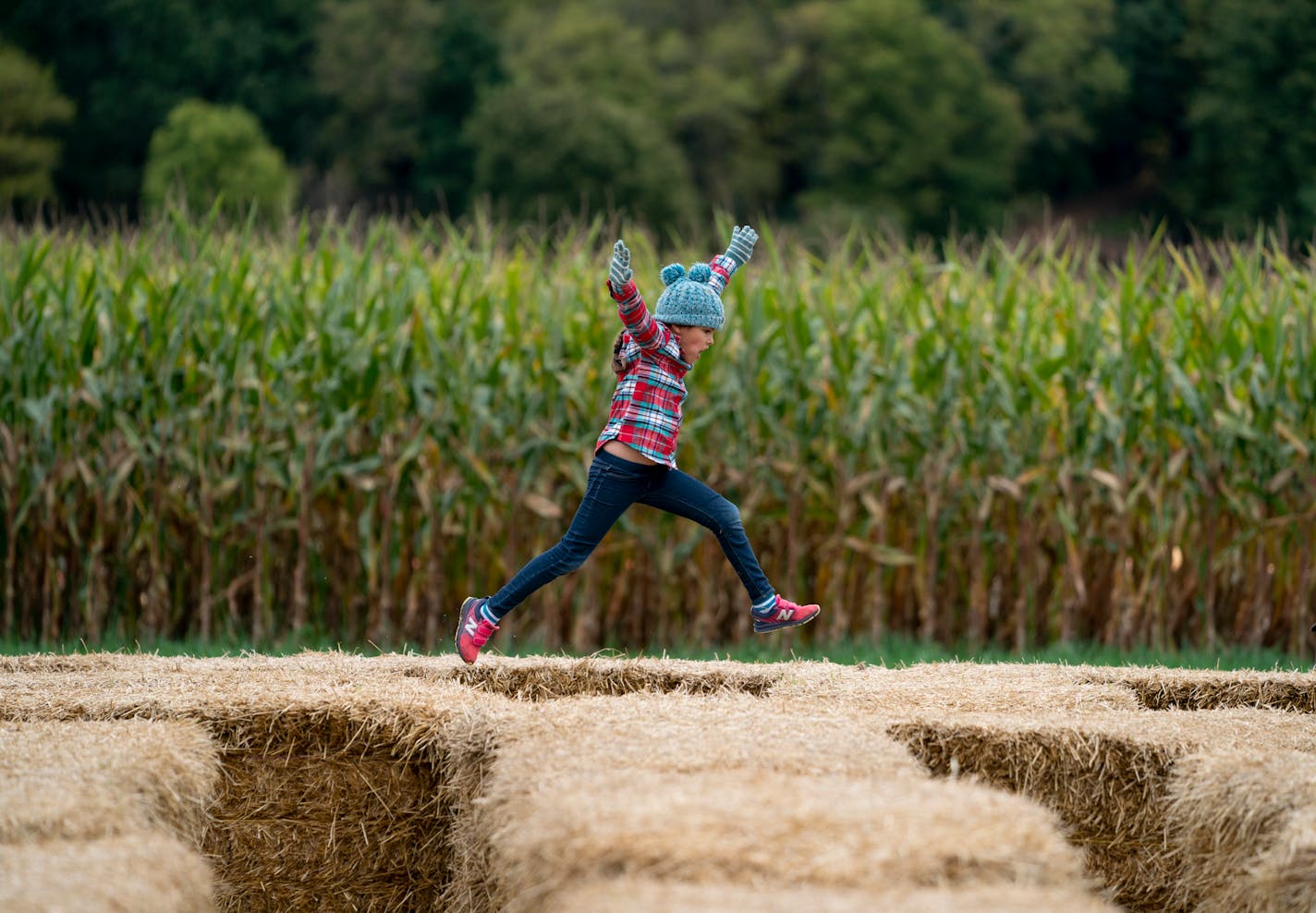 Ruby Pearsall, 7, leapt over hay bails in the kid's maze at Sever's Corn Maze at it's new location in Shakopee, Minn., on Friday, October 4, 2019. ] RENEE JONES SCHNEIDER ¥ renee.jones@startribune.com