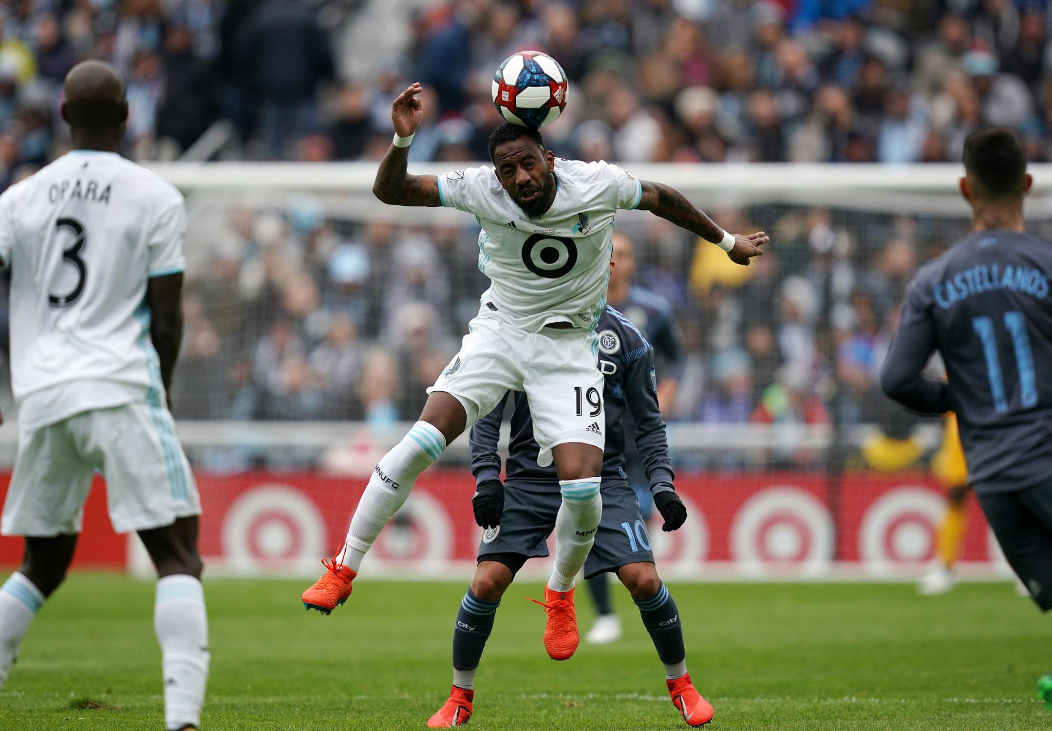 Minnesota United defender Romain Metanire (19) headed the ball away in the first half. ] ANTHONY SOUFFLE &#x2022; anthony.souffle@startribune.com Minnesota United played New York City in the home opener for the newly built Allianz Field Saturday, April 13, 2019 in St. Paul, Minn.