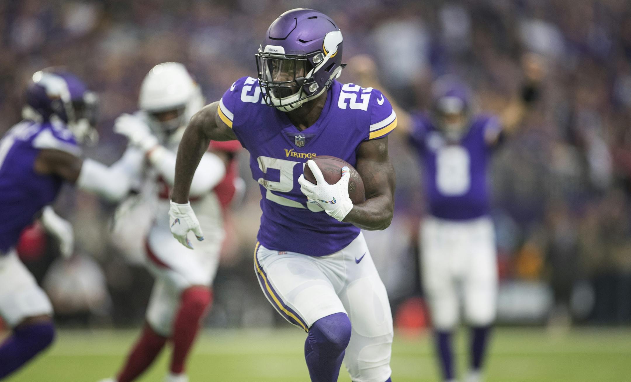 Minnesota Vikings cornerback Mike Hughes (21) scored on a 21 yard touchdown run in the first quarter at U.S. Bank Stadium Sunday October 14, 2018 in Minneapolis, MN.