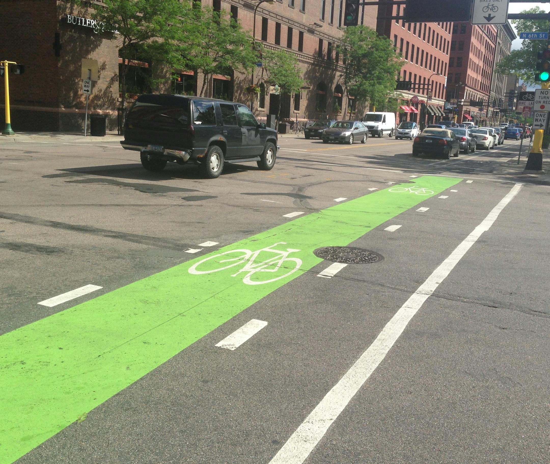 This thermoplastic bicycle lane marking on First Avenue downtown is an example of the city's use of durable materials.