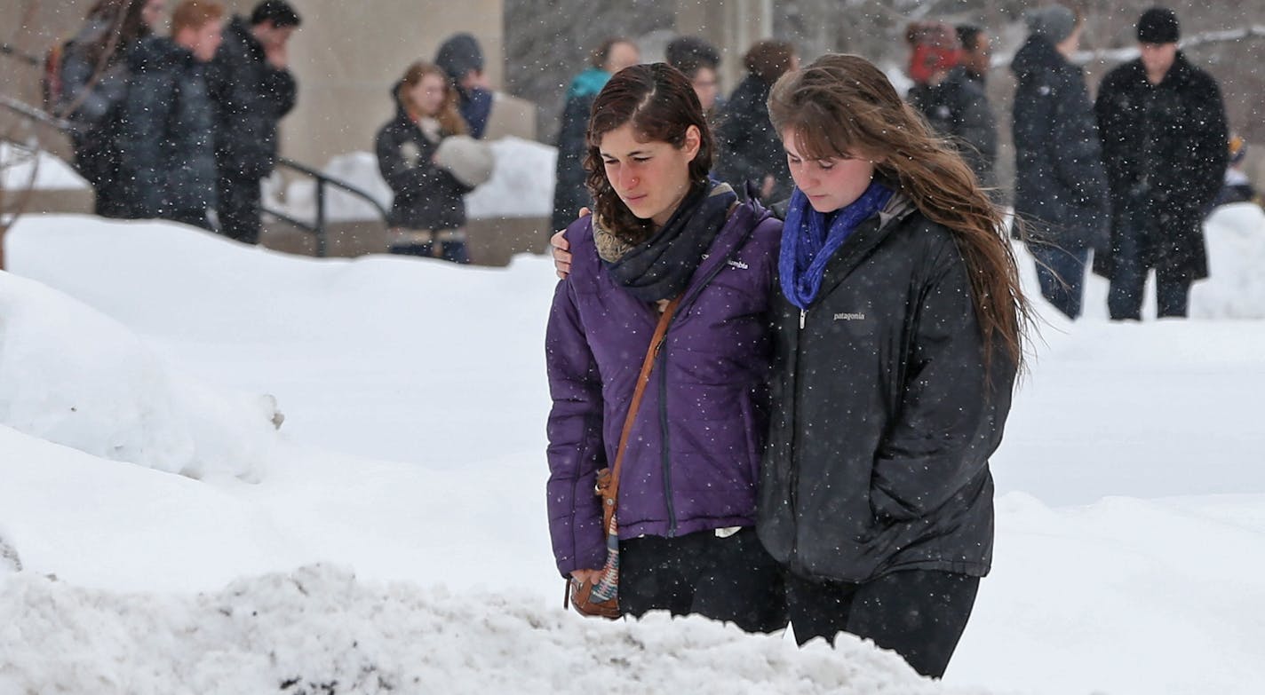 Carleton College students left the Skinner Memorial Chapel on Saturday, March 1, 2014, after a memorial service for three Carleton College students killed on the icy roads north of Northfield on Friday.