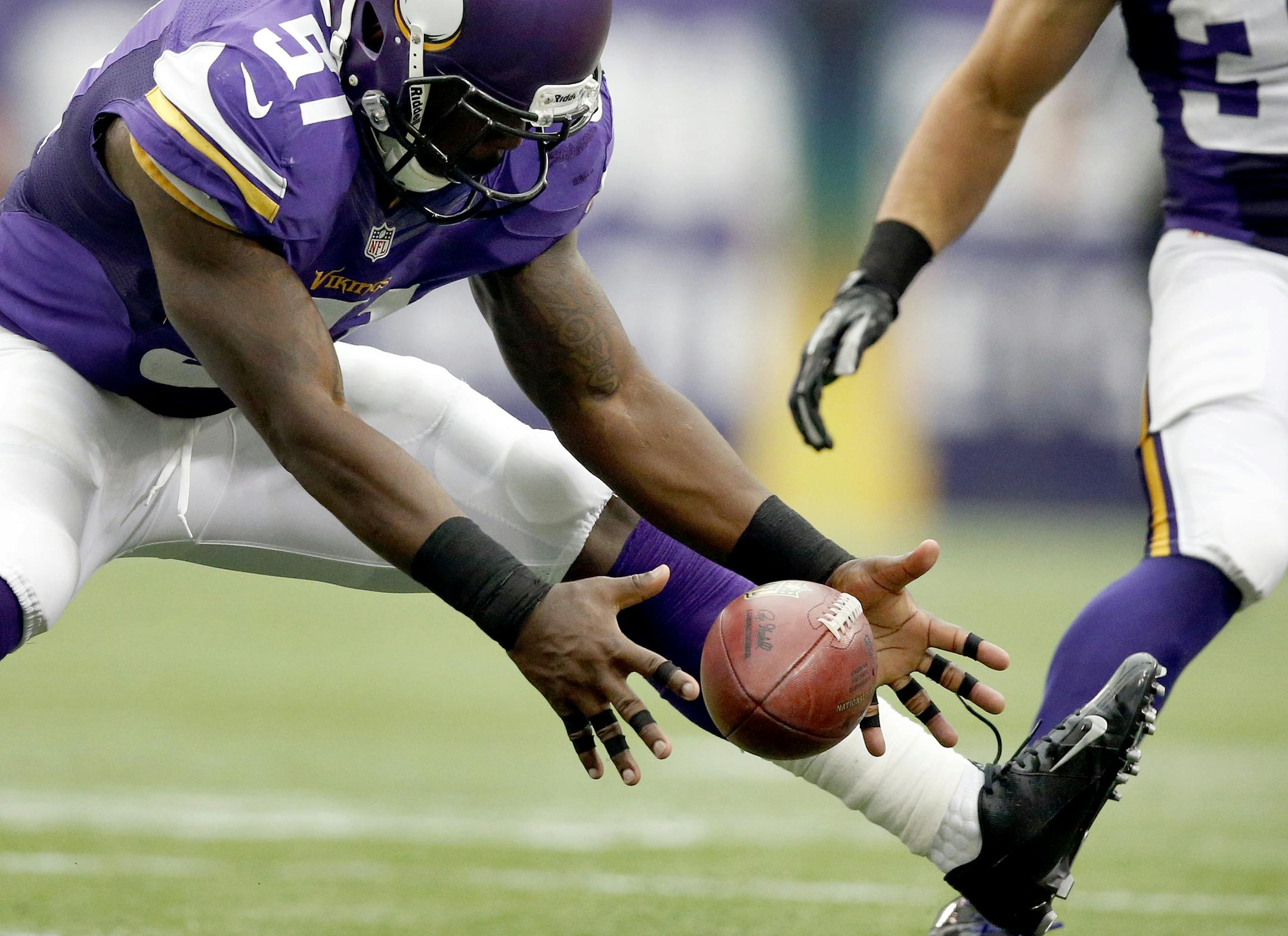 Minnesota Vikings Larry Dean (51) recovered a fumbled punt in the second quarter. ] CARLOS GONZALEZ cgonzalez@startribune.com September 22, 2013, Minneapolis, Minn., Mall of America Field - The Metrodome, NFL, Minnesota Vikings vs. Cleveland Browns