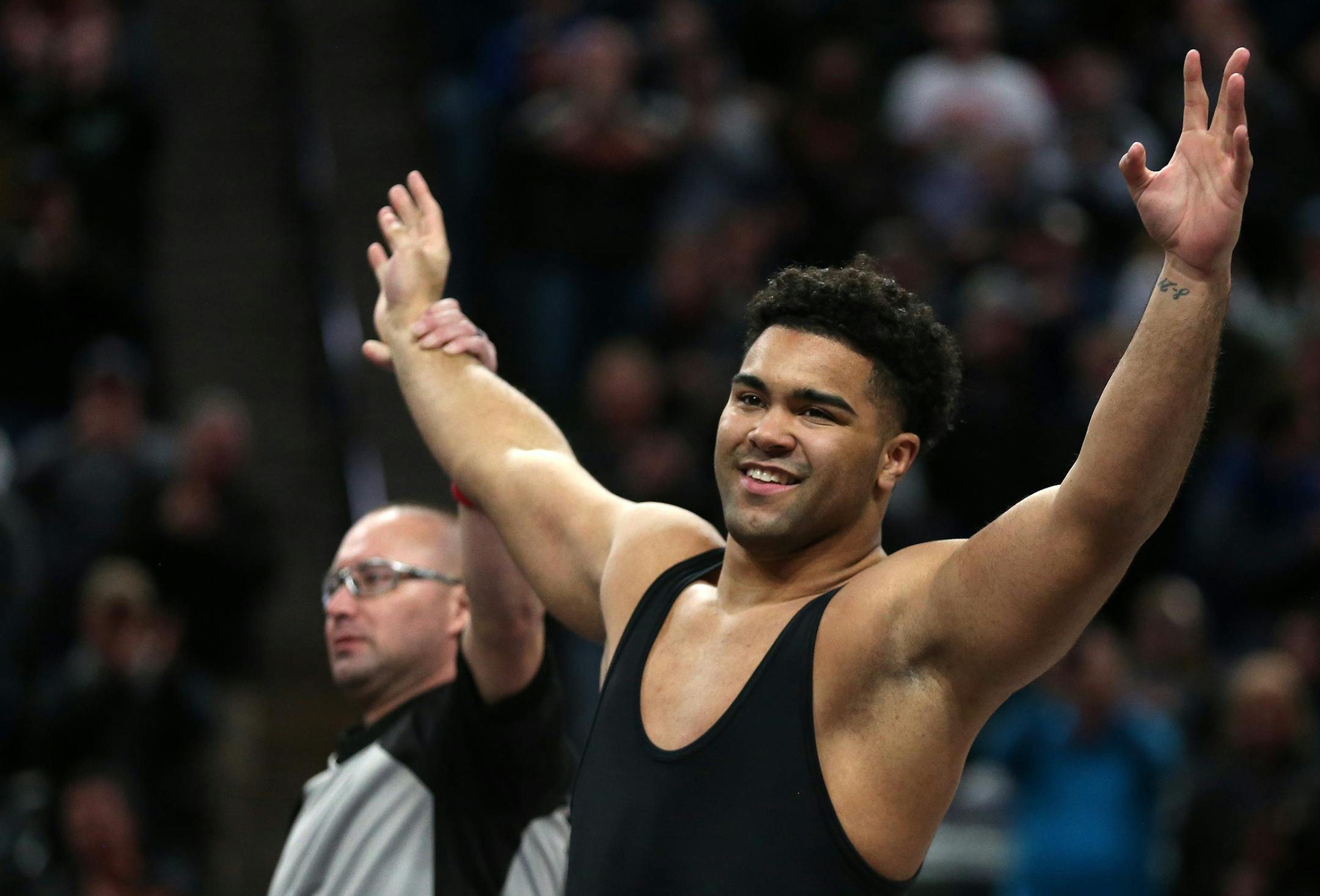 Apple Valley's Gable Steveson celebrated after defeating Anoka's Brandon Frankfurth in the Class AAA 285lb championship match.] ANTHONY SOUFFLE ï anthony.souffle@startribune.com Wrestlers competed in the MSHSL state tournament Saturday, March 3, 2018 at the Xcel Energy Center in St. Paul, Minn.