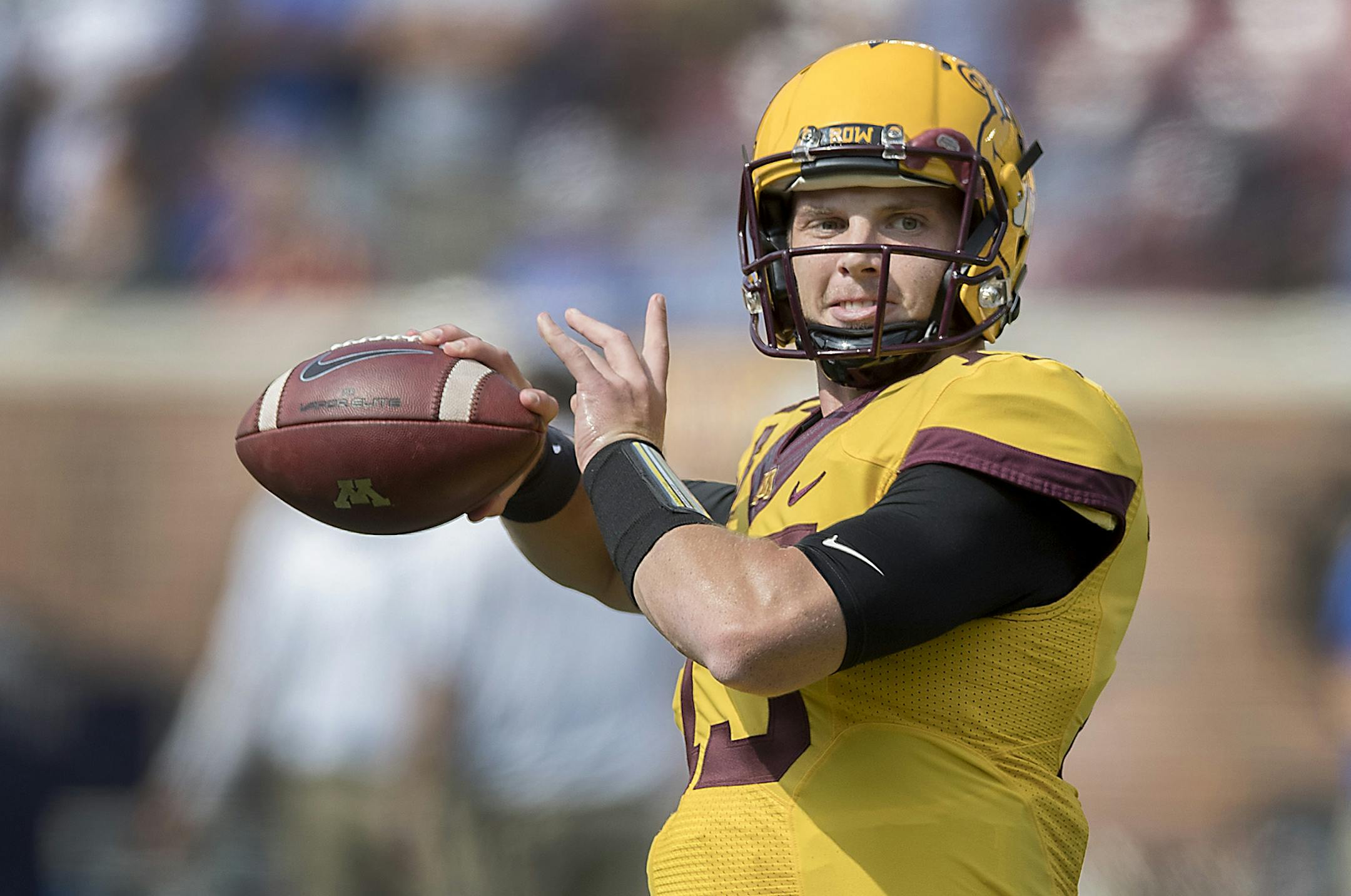 Minnesota's quarterback Conor Rhoda warmed up before the Gophers took on Middle Tennessee at TCF Bank Stadium, Saturday, September 16, 2017 in Minneapolis, MN. ] ELIZABETH FLORES ï liz.flores@startribune.com