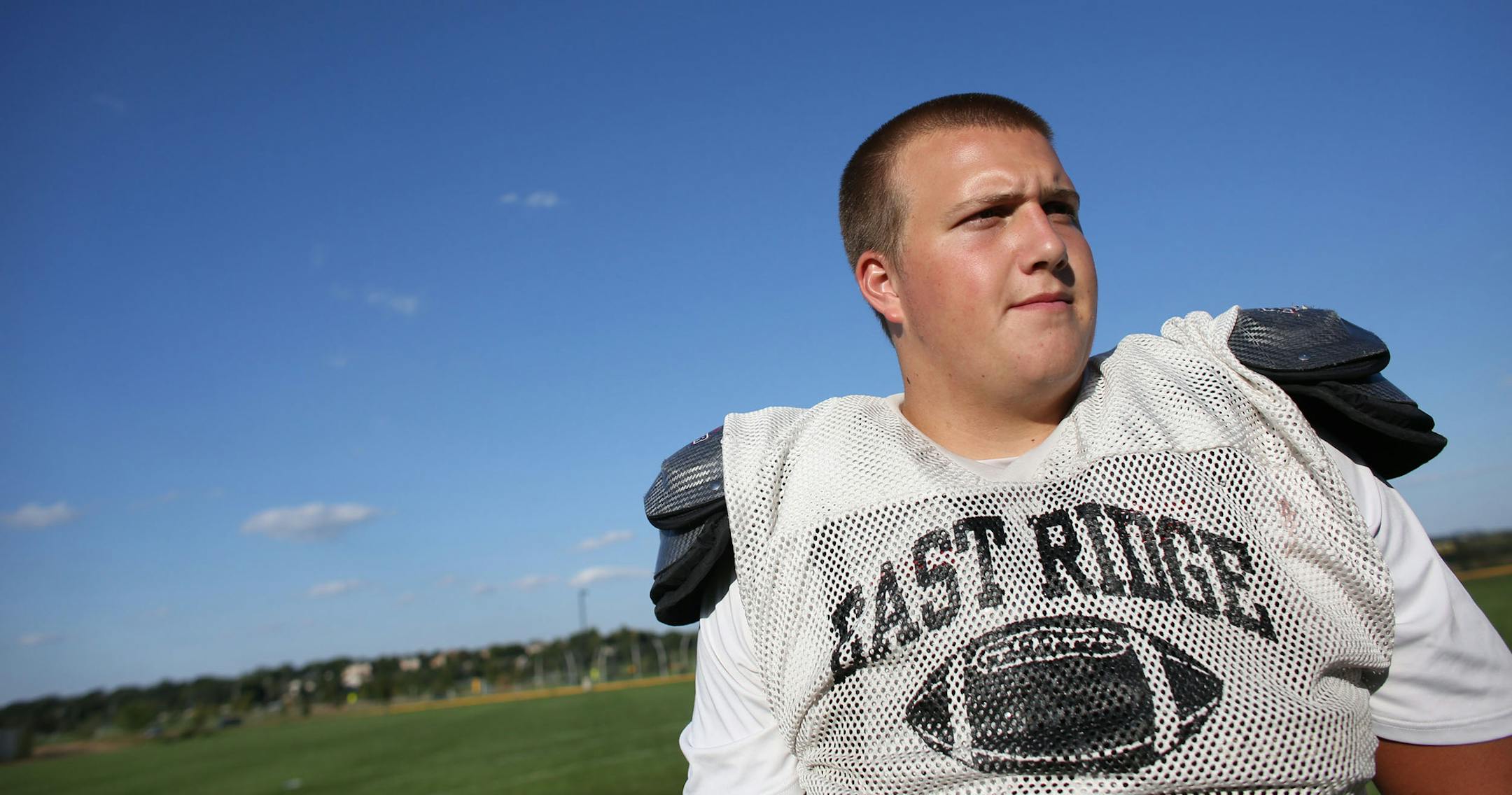 East Ridge center J.C. Hassenhauer talked about work he did to prepare him to play Division1football after practice in Woodbury, Wednesday September 11, 2013. ] (KYNDELL HARKNESS/STAR TRIBUNE) kyndell.harkness@startribune.com