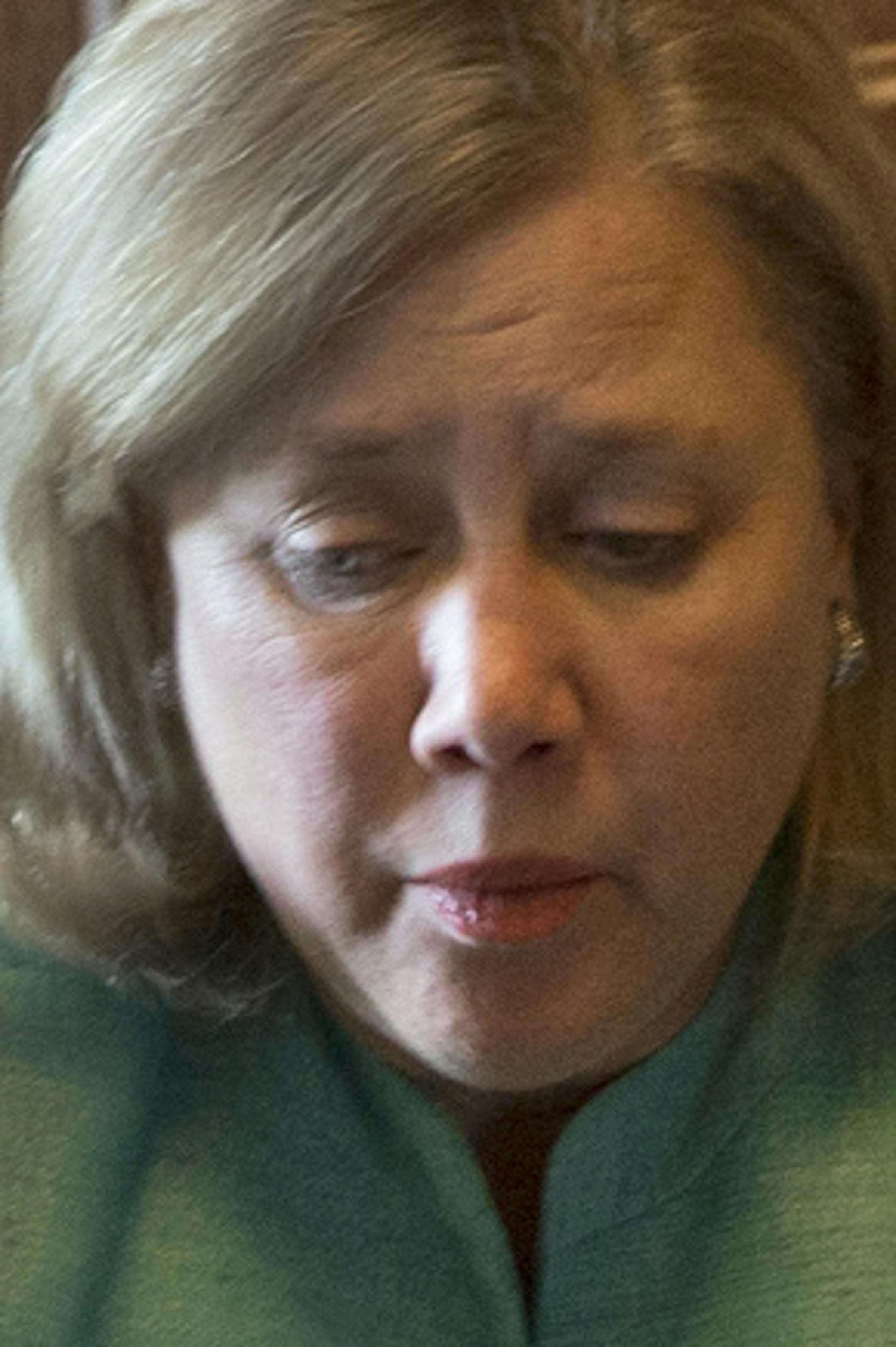 Sen. Mary Landrieu (D-La.), the next chairwoman of the Senate Energy Committee, waits in the Senate reception room after voting on the extension of unemployment benefits, on Capitol Hill in Washington, Feb. 6, 2014. The position will give Landrieu jurisdiction over the oil and gas industry, a sector that fuels her home state's economy. (Stephen Crowley/The New York Times)
