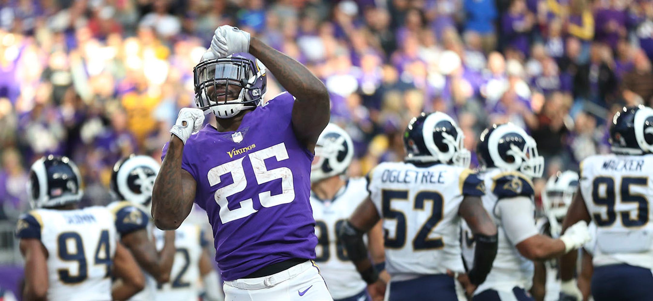 Minnesota Vikings running back Latavius Murray (25) celebrated his 3 yard touchdown in the fourth quarter at U.S. Bank Stadium Sunday November 19, 2017 in Minneapolis, MN.