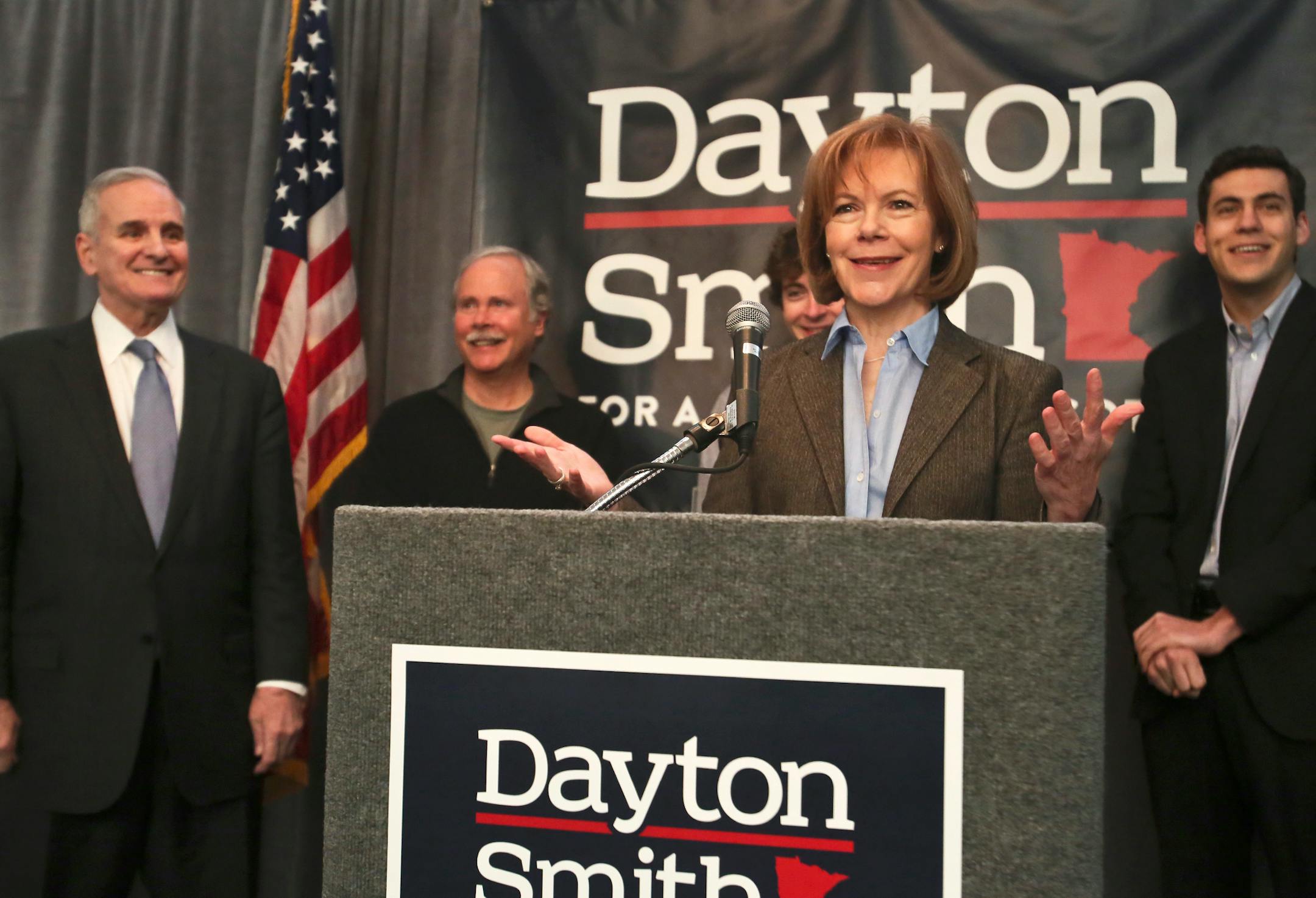 Gov. Mark Dayton, left, introduced his new Lt. Gov. Tina Smith during a press conference Tuesday, Feb. 4., 2014, at the AFL-CIO offices in St. Paul.
