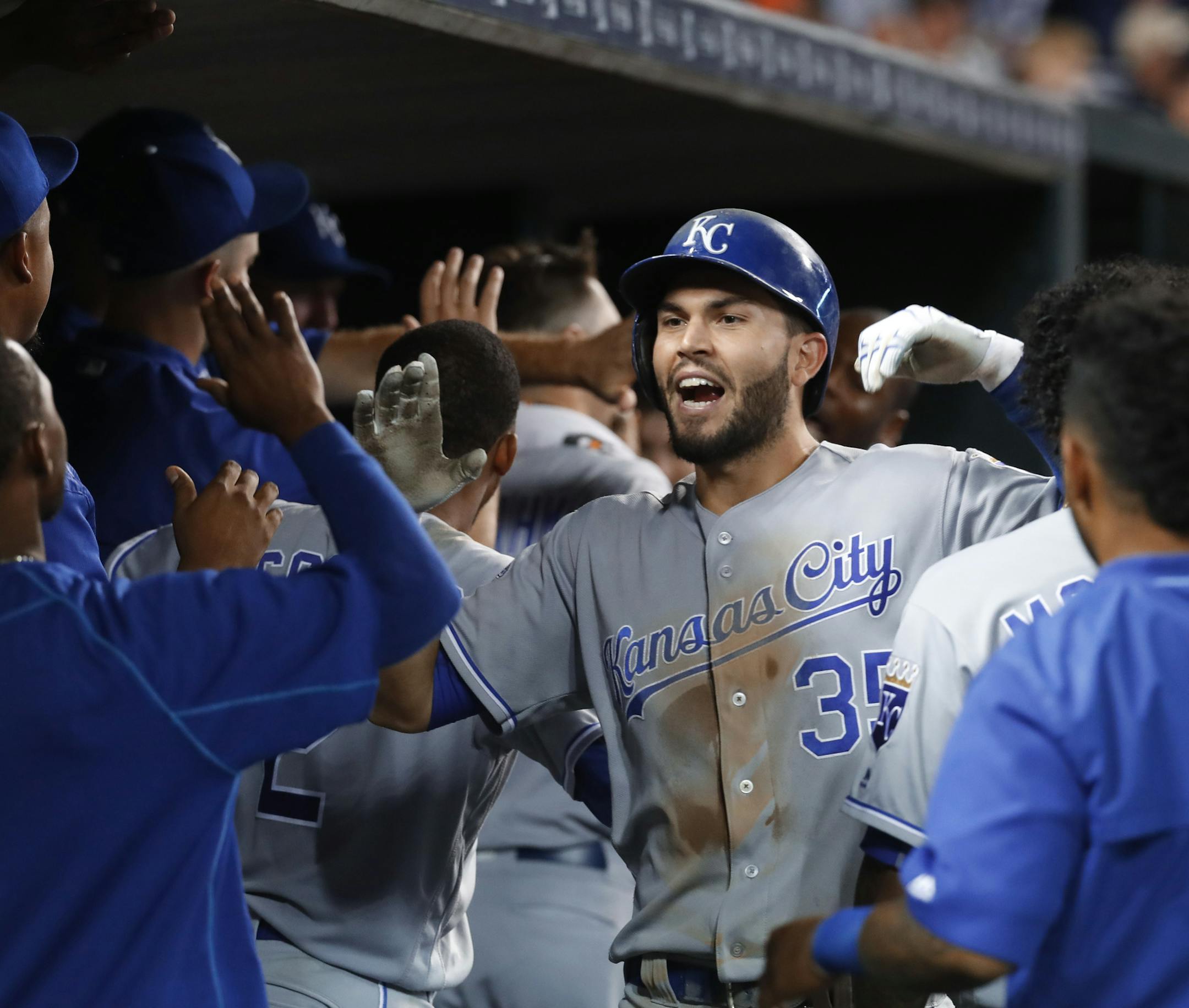 Kansas City Royals' Eric Hosmer celebrates his two-run home run against the Detroit Tigers in the ninth inning of a baseball game in Detroit, Wednesday, Aug. 17, 2016. (AP Photo/Paul Sancya)