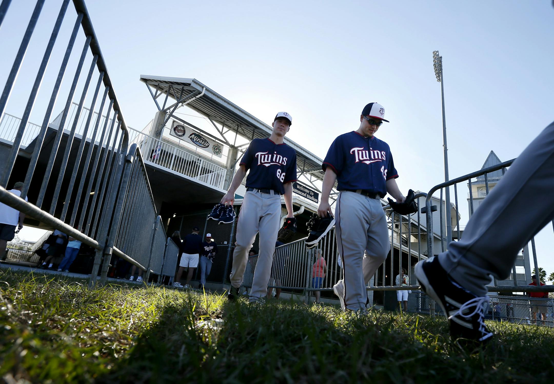 Twins pitchers Alex Meyer left , and Vance Worley walked to the practice field on the first day of spring training for pitchers and catchers Monday Feb 17. 2014 in Fort Myers, Florida Lee County Sports Complex. Monday is the first full day workout with pitchers and catchers . ] JERRY HOLT jerry.holt@startribune.com