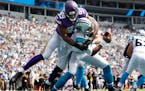 Danielle Hunter (99) sacked Cam Newton (1) in the end zone for a safety in the first quarter.