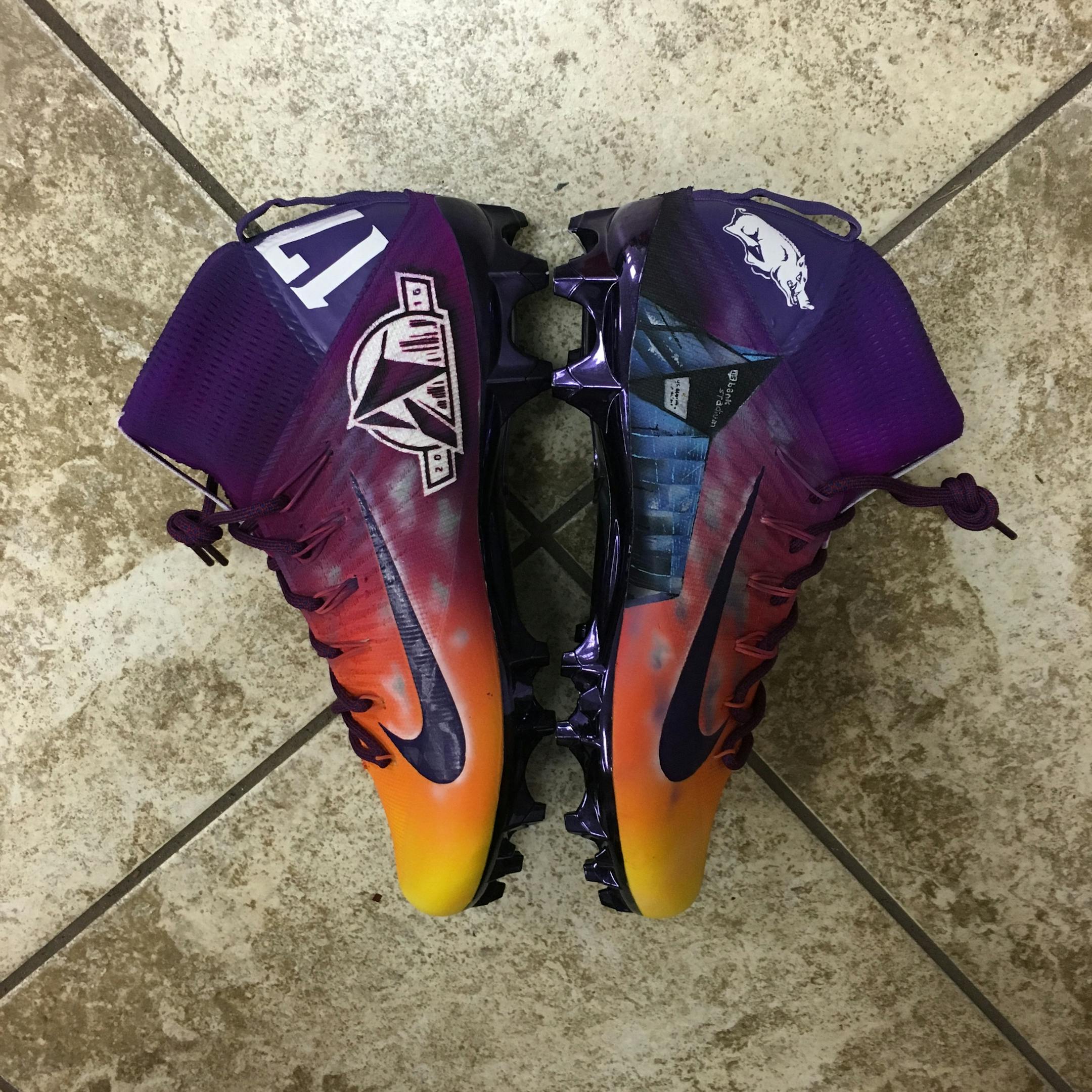Dan Gamache, owner of Mache Custom Kicks, has designed several custom-made cleats for Vikings players and other athletes.
Xavier Rhodes&#xed; custom cleats featured his motto &#xf1; Rhodes closed.
Jerick McKinnon&#xed;s Harambe cleats, inspired by the gorilla killed at the Cincinnati Zoo, went viral. McKinnon also had a pair of cleats made to bring attention to breast cancer awareness.
Jarius Wright showcased his football loves &#xf1; Arkansas and the Twin Cities &#xf1; in one pair of fancy clea