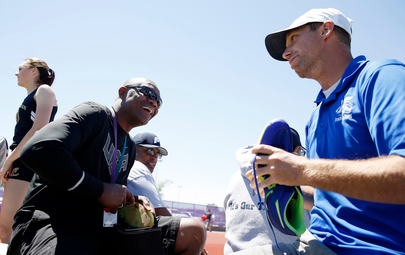 Former Minnesota Vikings quarterback Randall Cunningham coaches at a high school track meet Saturday, April 23, 2016, in Las Vegas. (Isaac Brekken for the StarTribune)