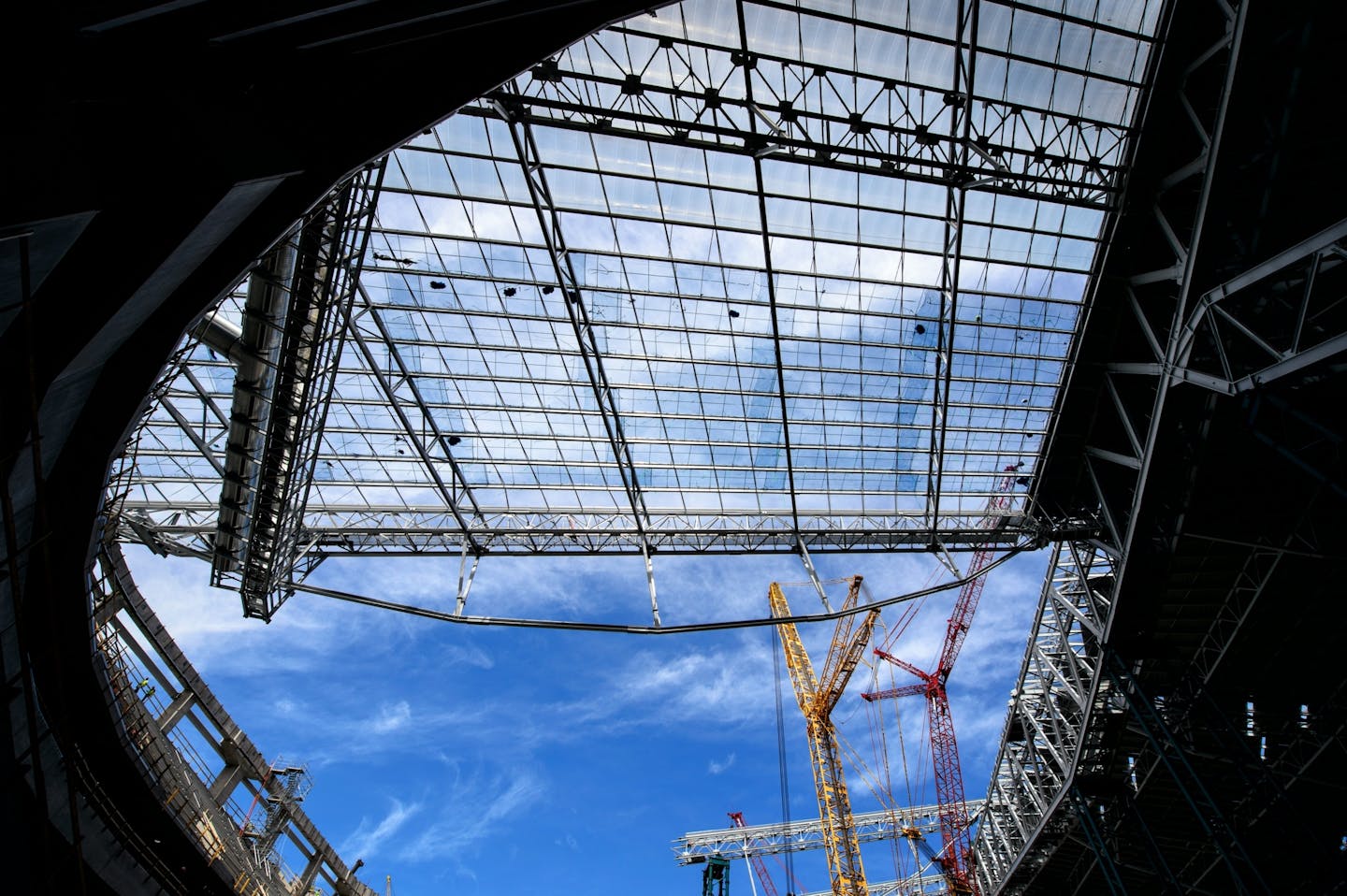 A view of the USBank Stadium roof made of ETFE, or ethylene-tetra-fluoro-ethylene.