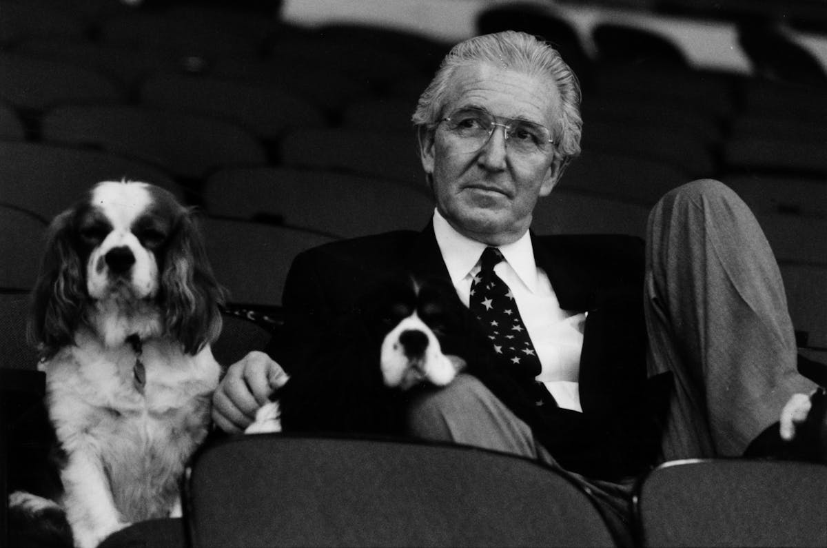 North Stars owner Norm Green and his dogs Charles and Rupert. 1991