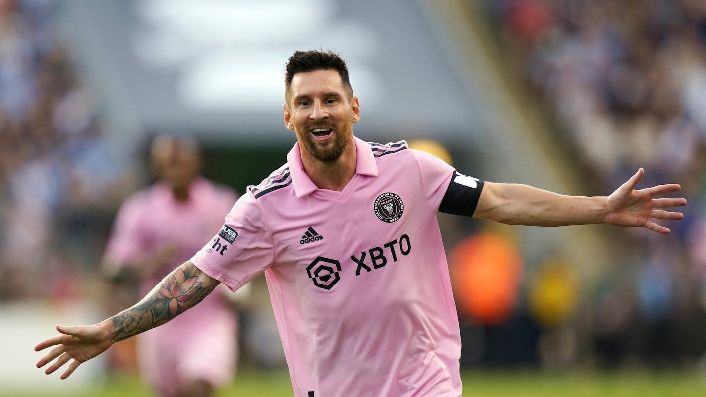 Inter Miami's Lionel Messi reacts to his goal during the Leagues Cup semifinals soccer match against the Philadelphia Union, Tuesday, Aug. 15, 2023, in Chester, Pa. Inter Miami won 4-1. (AP Photo/Chris Szagola)