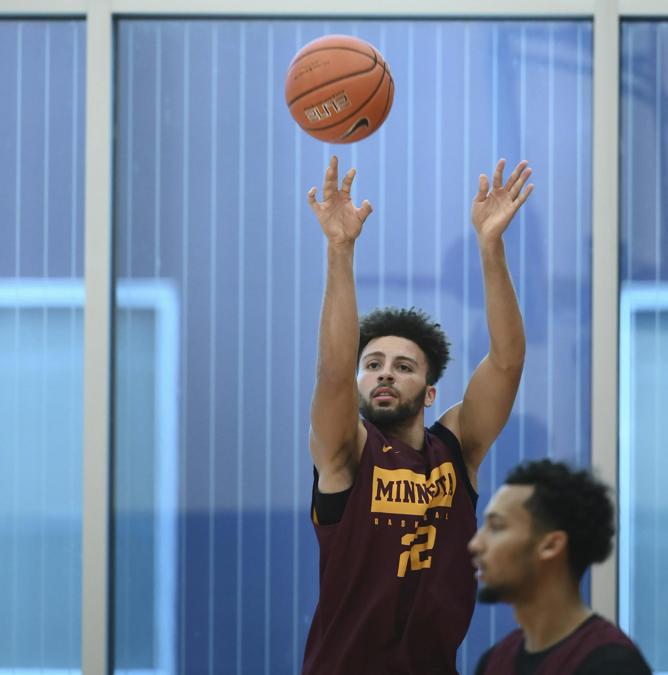 Minnesota Golden Gophers guard Gabe Kalscheur (22) attempted a shot during Tuesday's practice. ] Aaron Lavinsky • aaron.lavinsky@startribune.com The Gophers men's basketball team held a practice, as well as a press conference by head coach Richard Pitino, on Tuesday, Sept. 24, 2019 at the University of Minnesota Athletes Village in Minneapolis, Minn.