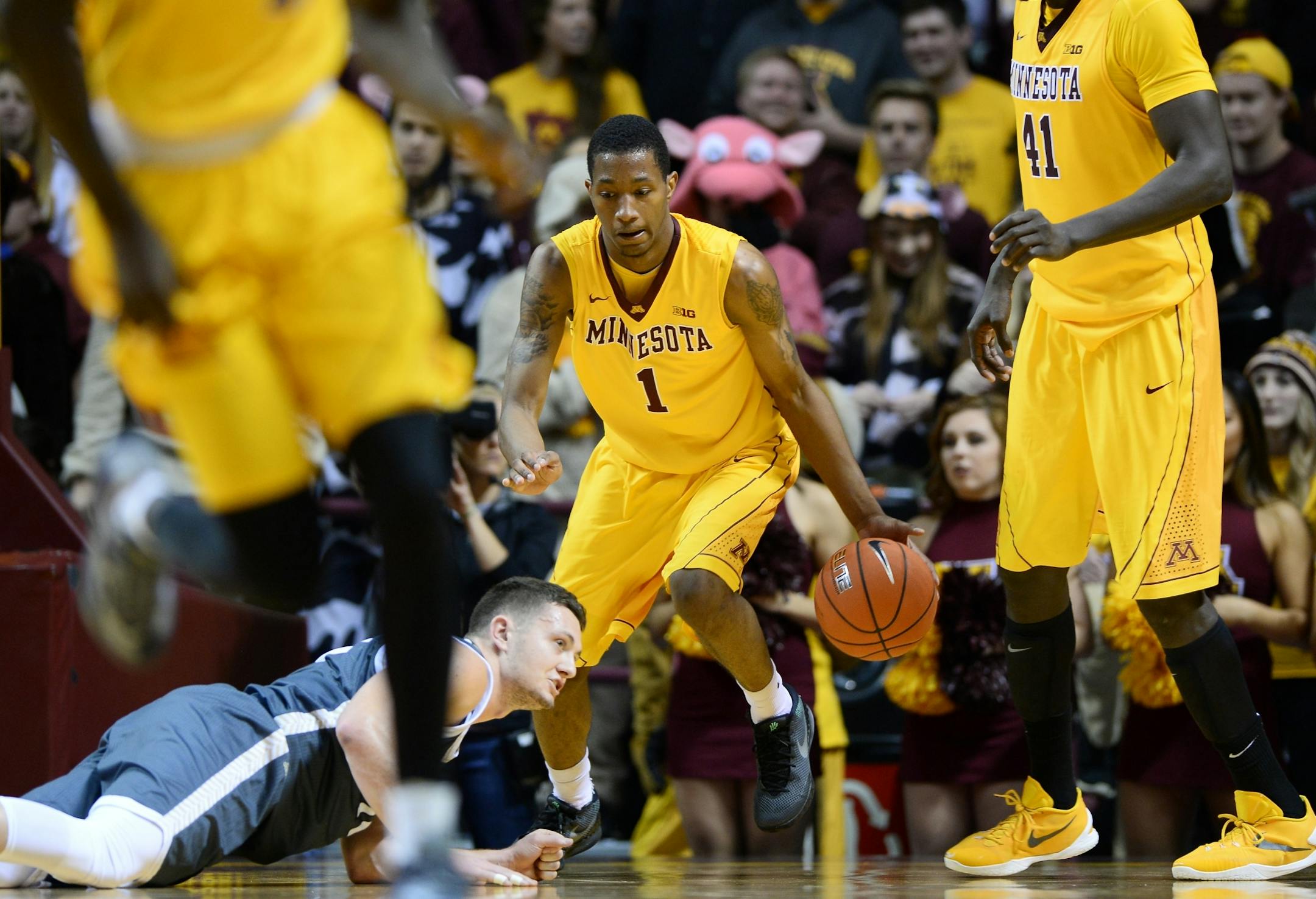 Gophers guard Dupree McBrayer dribbled down the court in the second half against Southwest Minnesota State.