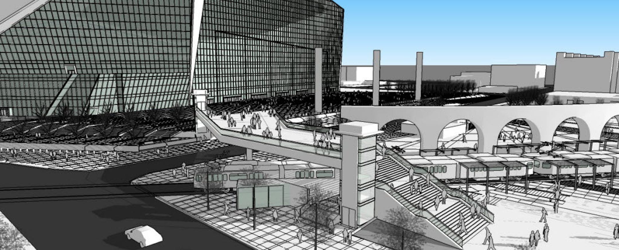 Proposed pedestrian bridge at west end of Vikings stadium.