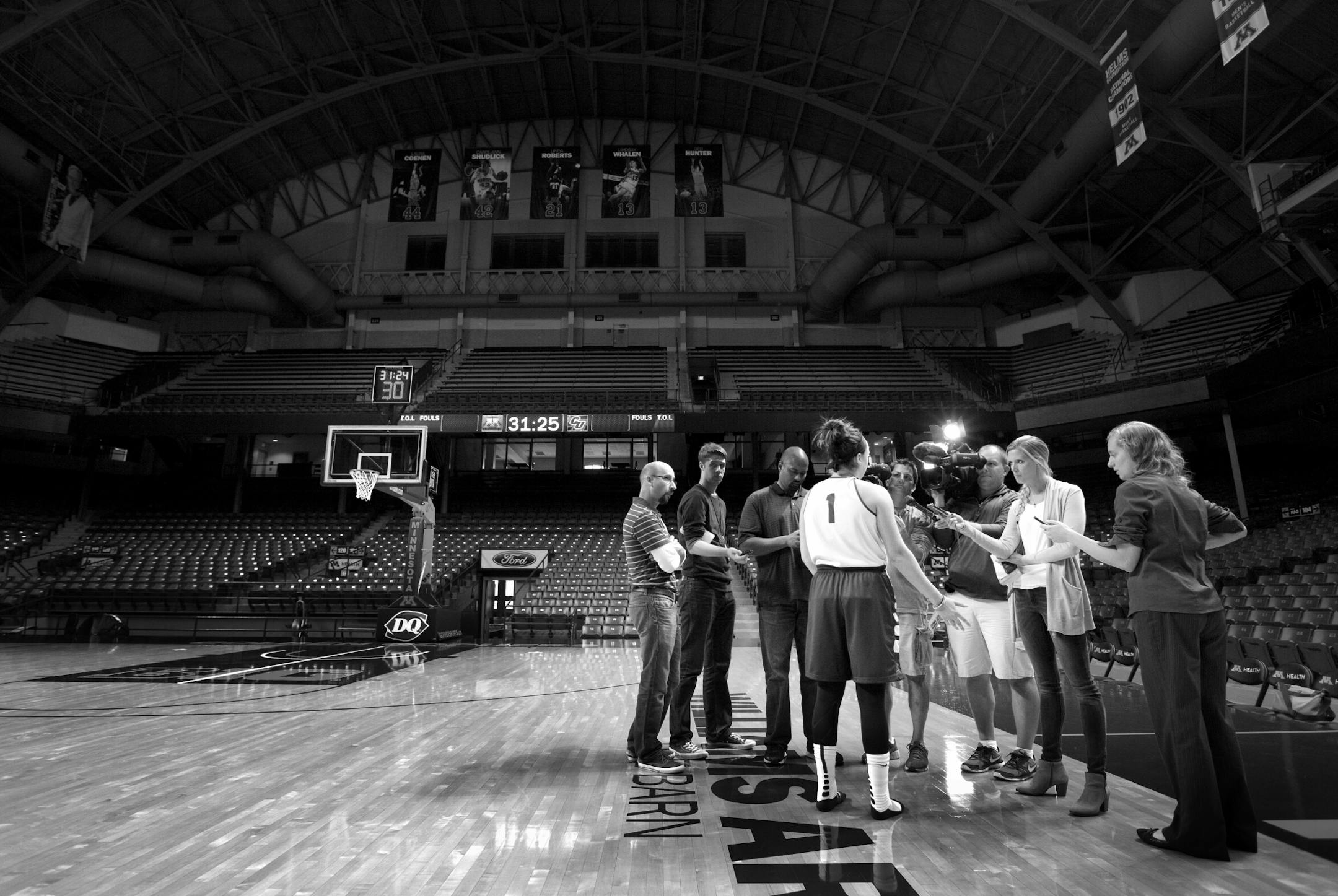 Rachel Banham spoke with the media during the team's first media availability on October 6, 2015 before the start of the season. At the beginning of the season Banham needed 107 points to break the school's scoring record held by Gophers great Lindsay Whalen.