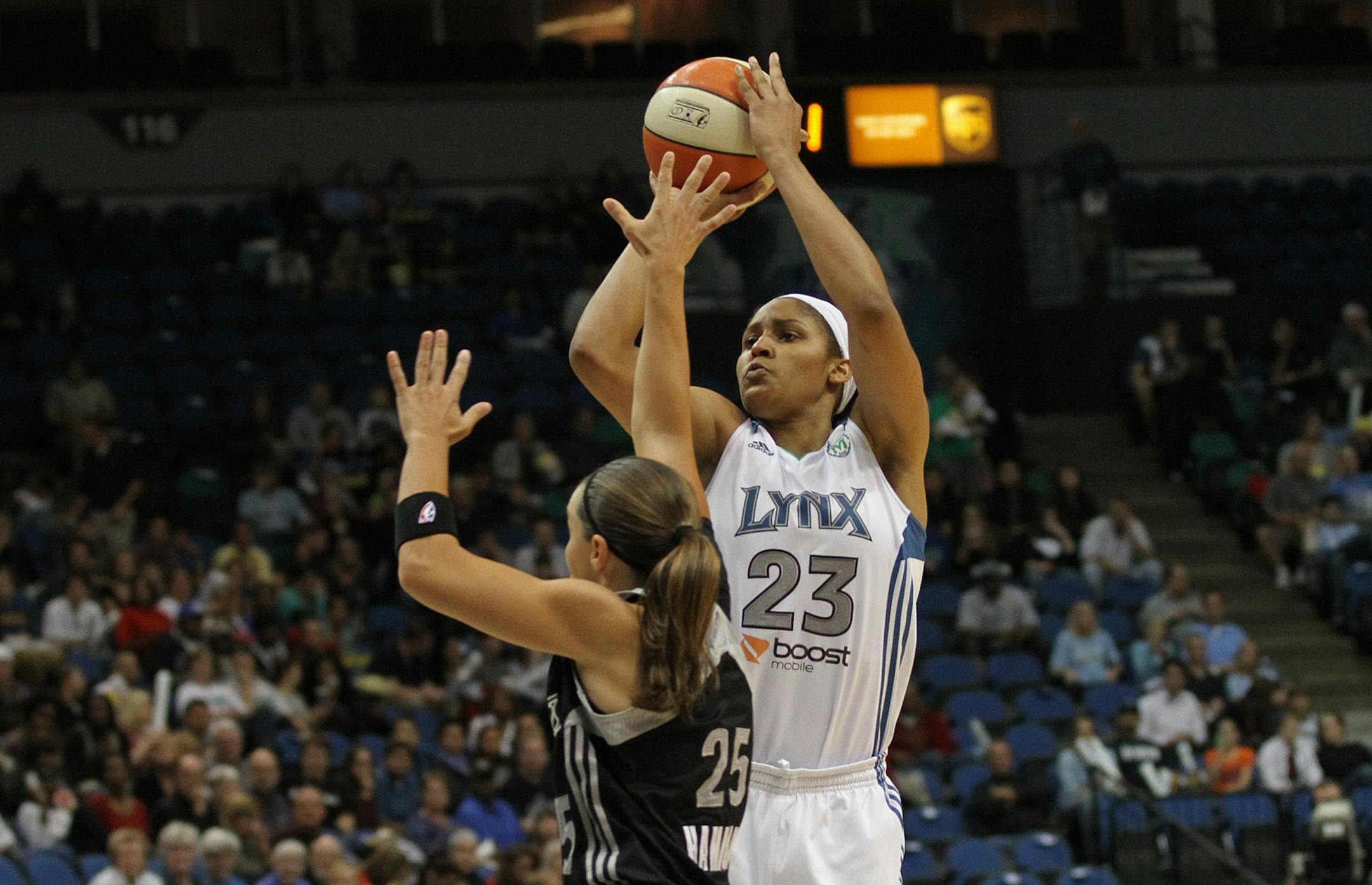 Maya Moore shot over Becky Hammon in the third quarter of the final Minnesota Lynx playoff game against the San Antonio Silver Stars. The Lynx eliminated the Silver Stars 85-67.