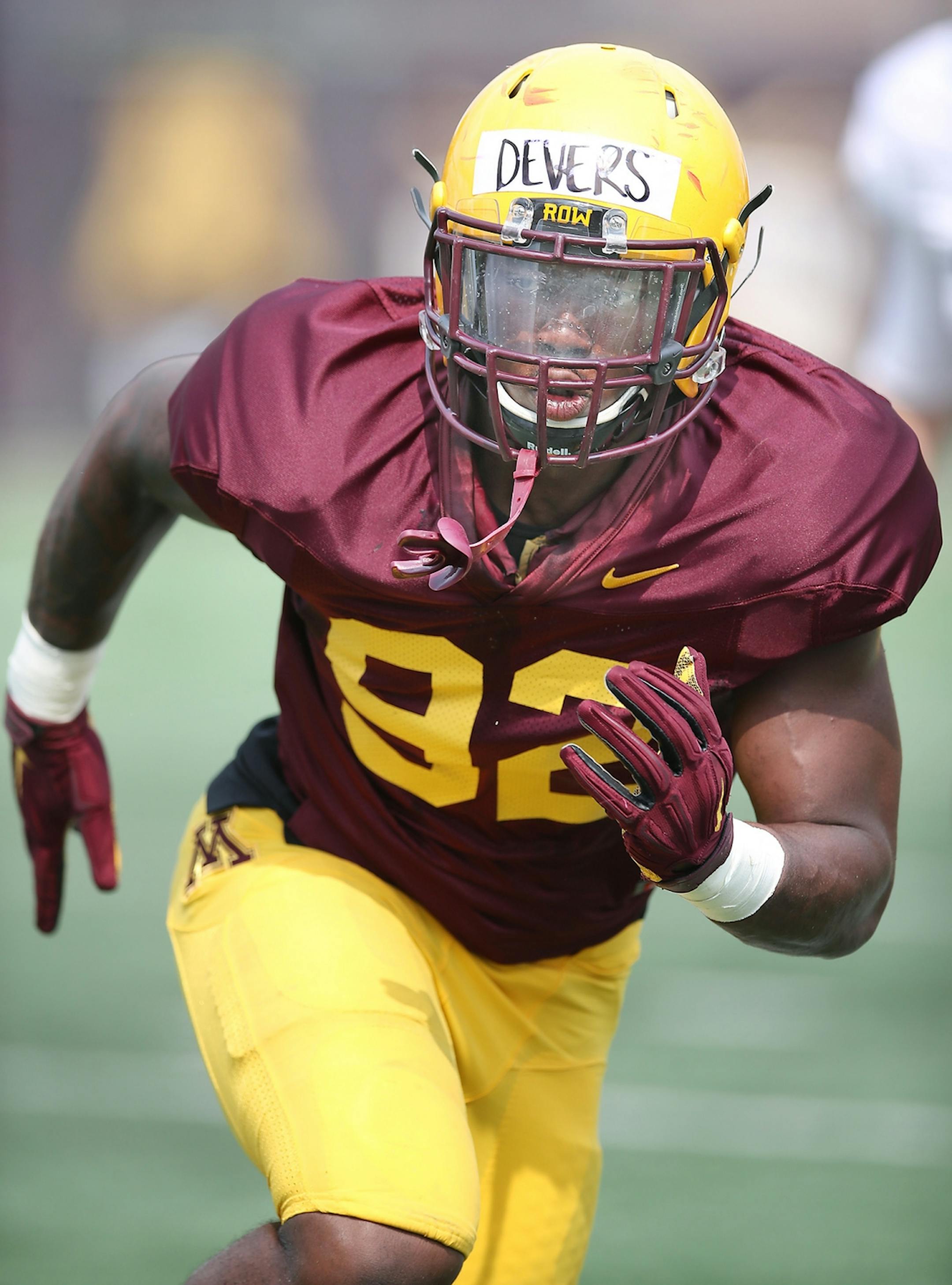 Gophers defensive lineman Tai'yon Dever took to the field for drills during the Gophers football practice at Gibson-Nagurski Football Complex, Saturday, August 5, 2017 in Minneapolis, MN.