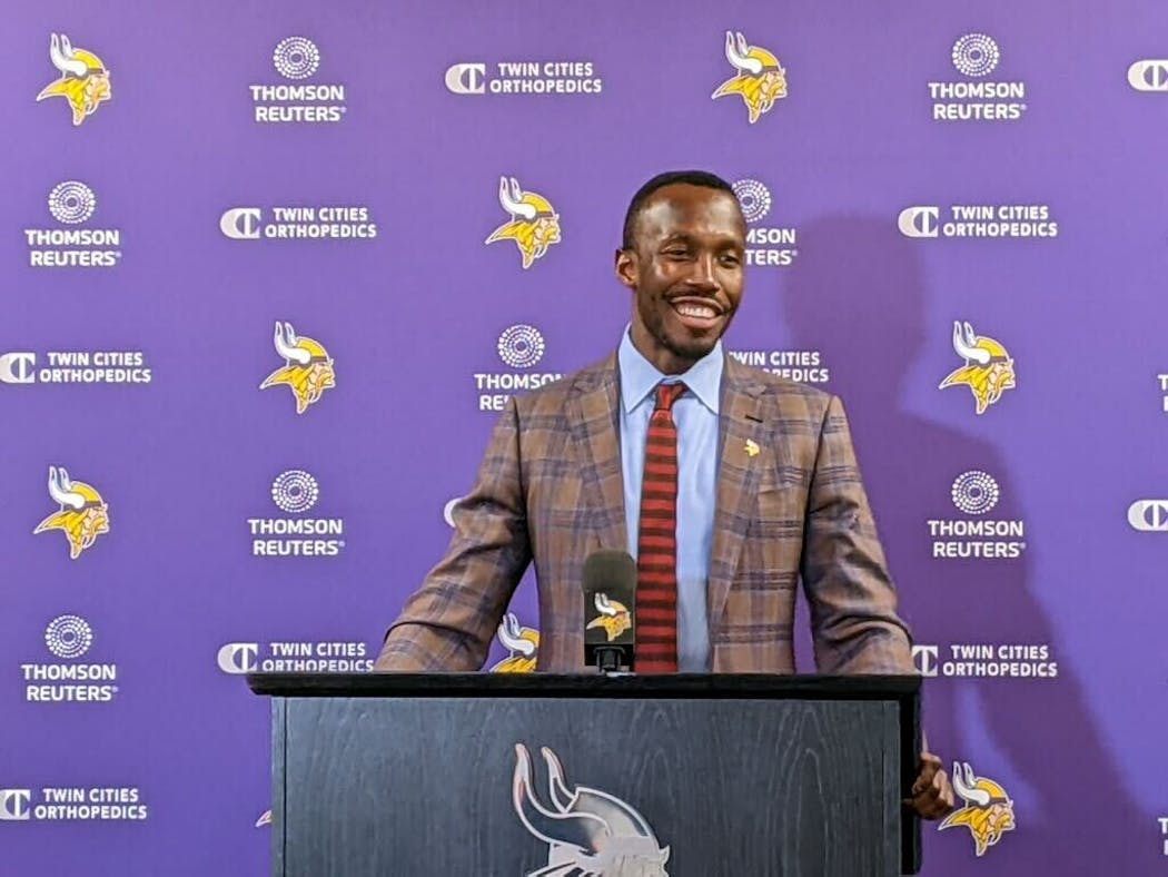 Vikings general manager Kwesi Adofo-Mensah spoke to the media after making Georgia safety Lewis Cine his first draft pick for the franchise.