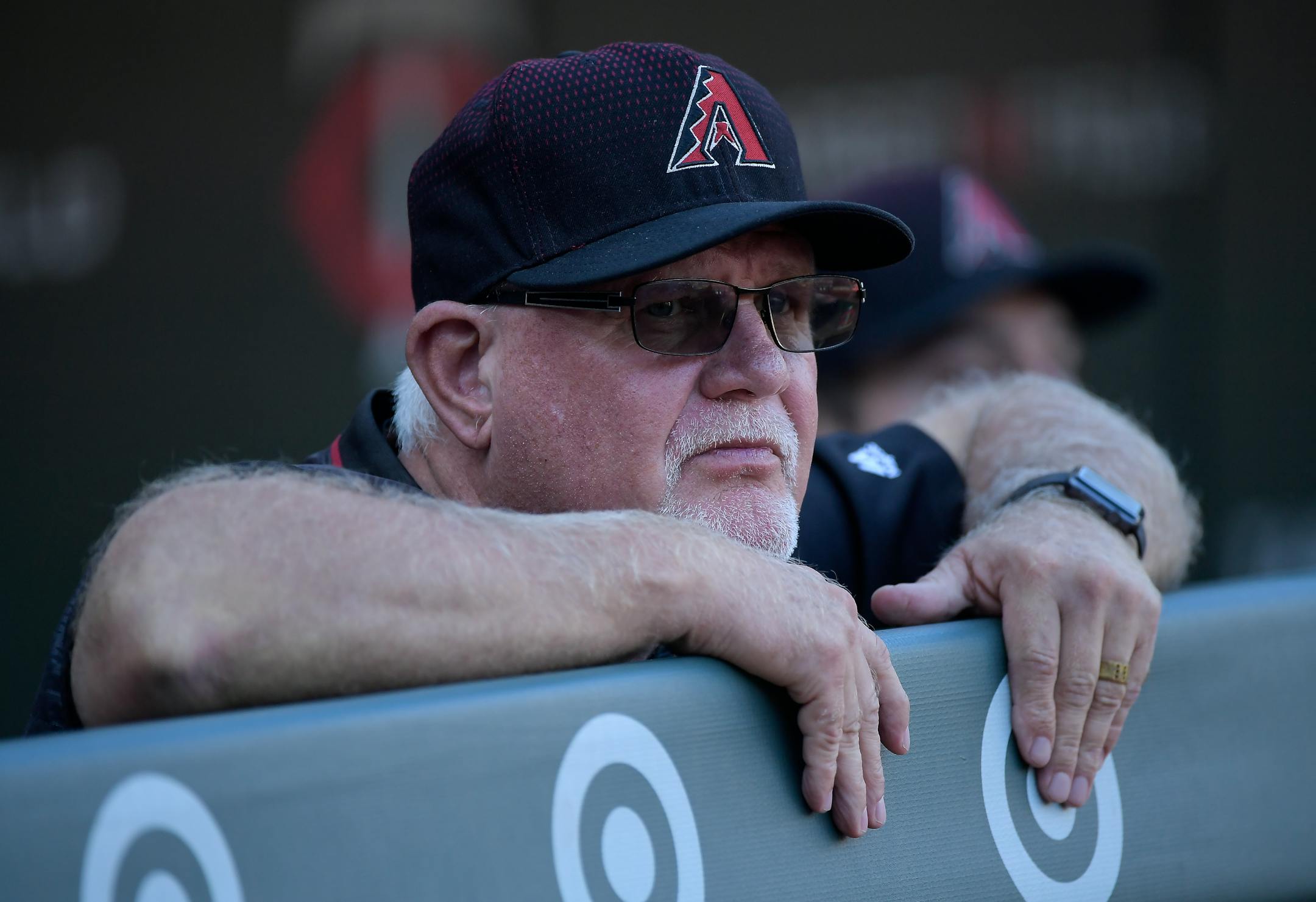 Arizona Diamondbacks bench coach and former Twins manager Ron Gardenhire (35) watched Michael Cuddyer's Twins Hall of Fame induction ceremony before the start of Saturday night's game. ] AARON LAVINSKY � aaron.lavinsky@startribune.com The Minnesota Twins played the Arizona Diamondbacks on Saturday, August 19, 2017 at Target Field in Minneapolis, Minn.