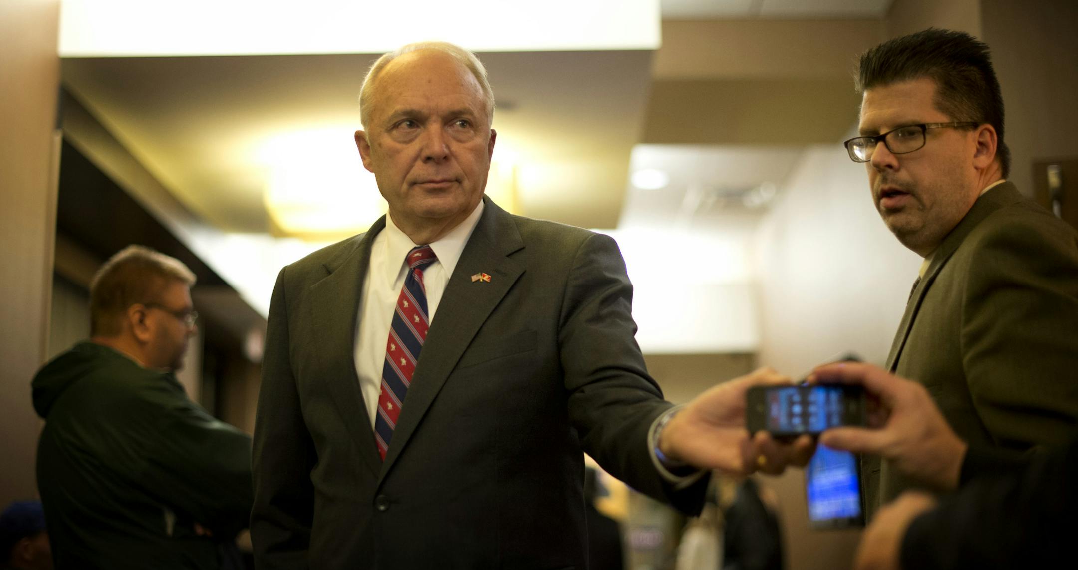 Rep. John Kline took a concession call from opponent Mike Obermueller around midnight election night. Republican Party of Minnesota&#x201a;&#xc4;&#xf4;s Election Night Party at the Hilton Minneapolis Bloomington, Tuesday, November 6, 2012. ] GLEN STUBBE * gstubbe@startribune.com