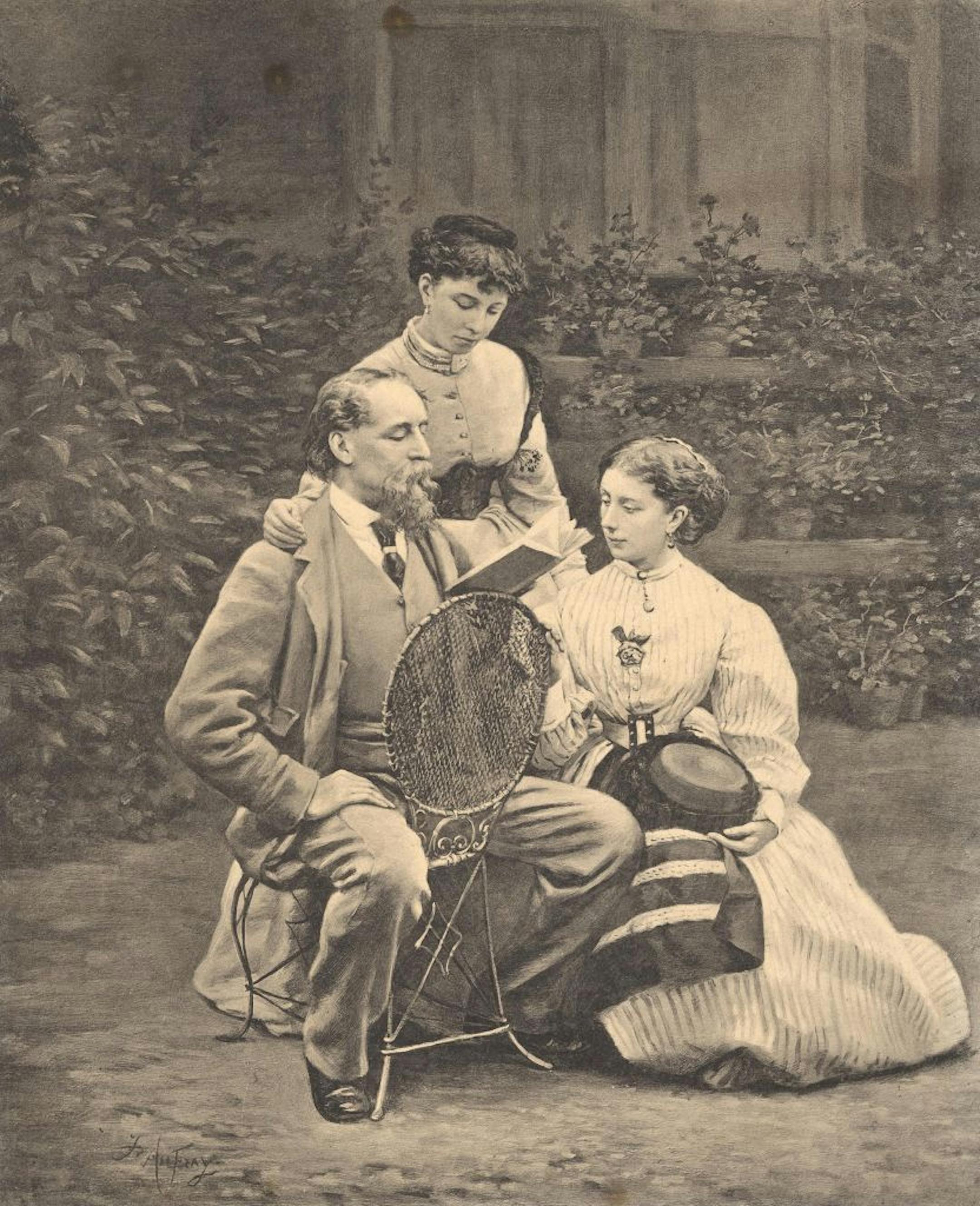 Dickens with daughters: Kate ("Katey"), left, and Mary ("Mamie") Dickens in the rose garden at Gad Hill's Place in Kent. Painting based a photograph, ca 1865