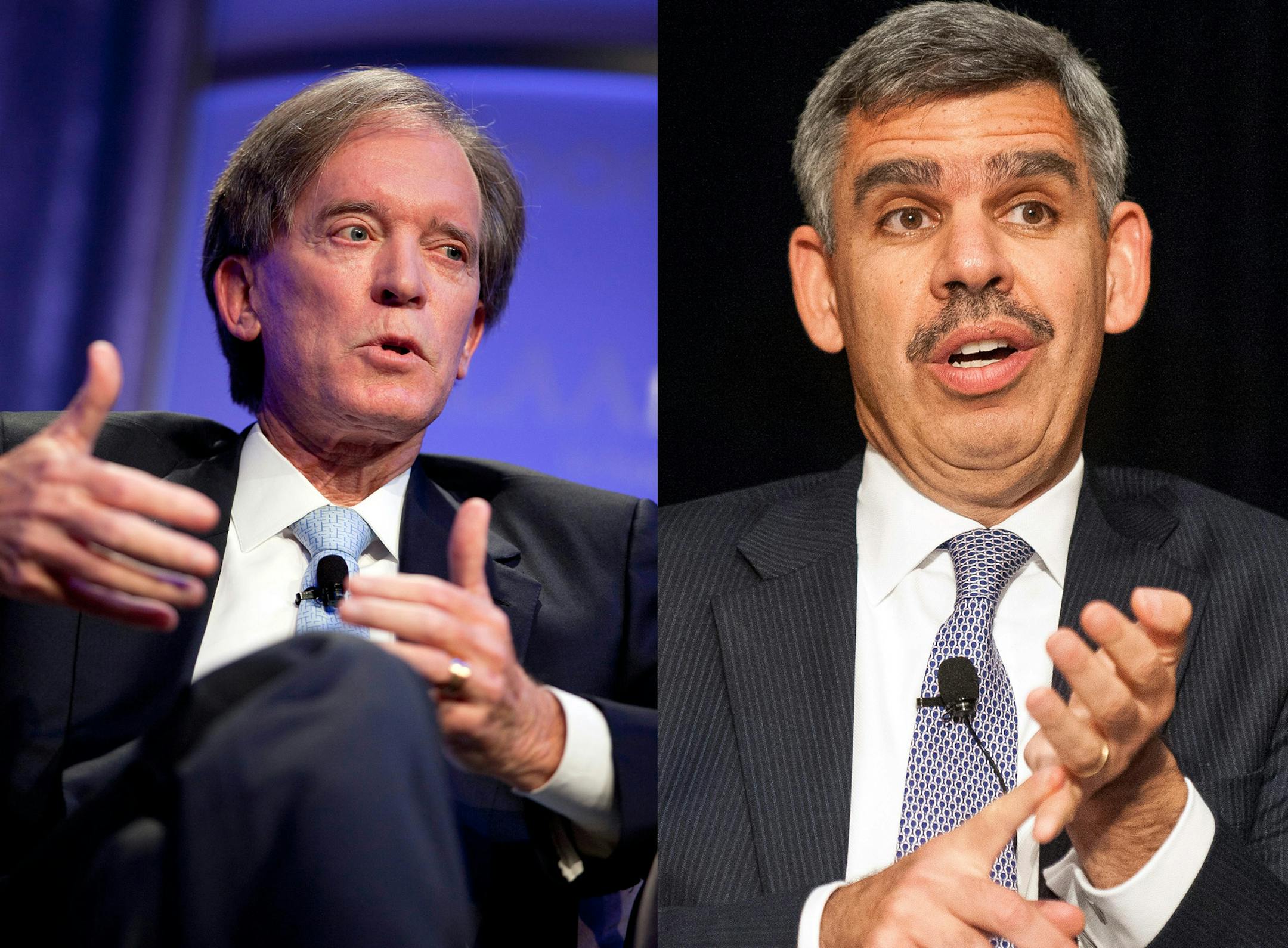 A feud between PIMCO co-founder Bill Gross (left) and his one-time heir apparent, Mohamed El-Erian, is complicating Gross' efforts to revive PIMCO's performance, some observers say. Illustrates PIMCO (category f) by Alexis Leondis (c) 2014, Bloomberg News. Moved: Monday, March 10, 2014 (MUST CREDIT: Bloomberg News photos by Andrew Harrer and Pete Marovich).