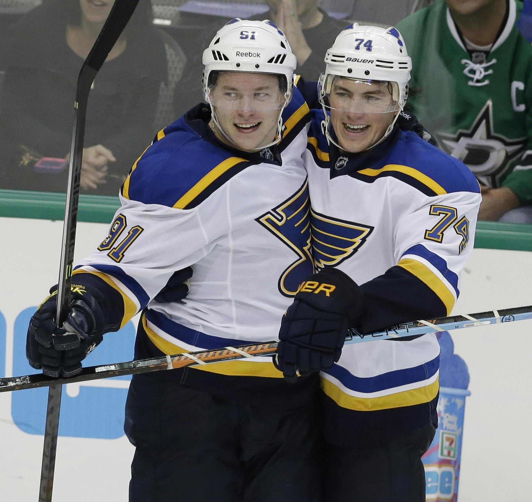 St. Louis Blues right wing Vladimir Tarasenko (91) celebrates scoring a goal with teammate right wing T.J. Oshie (74) during overtime of an NHL hockey game against the Dallas Stars, Tuesday, Oct. 28, 2014, in Dallas. The Blues won 4-3. (AP Photo/LM Otero) ORG XMIT: DNA111