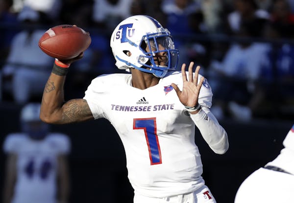 Tennessee State quarterback Demry Croft plays against Vanderbiltin the second half of an NCAA college football game Saturday, Sept. 29, 2018, in Nashv