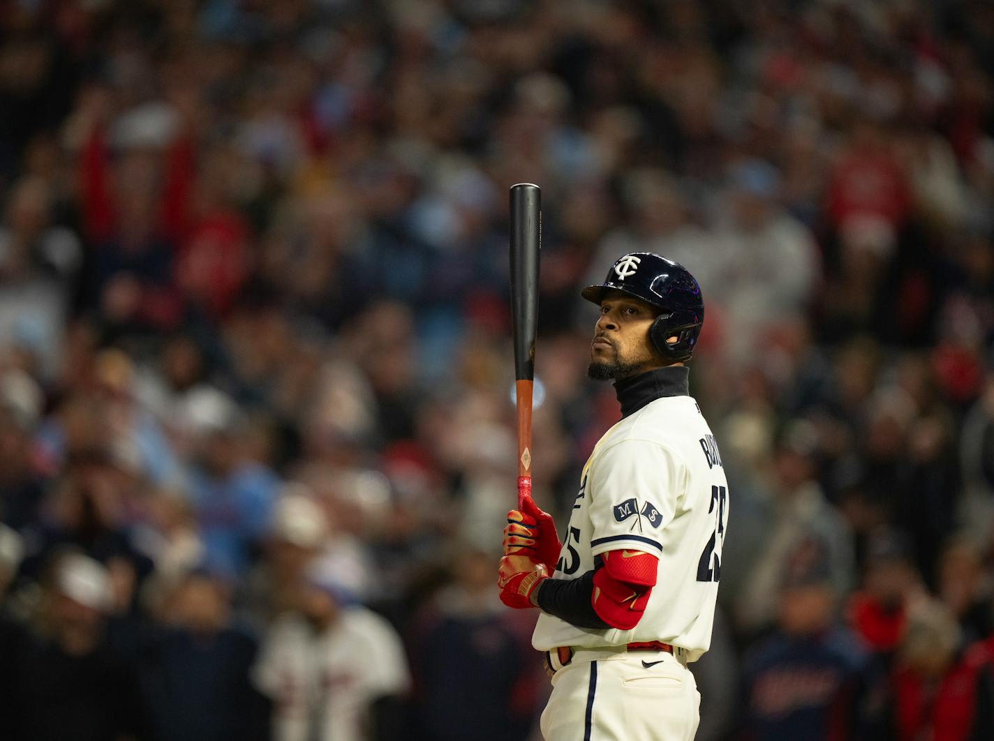 Minnesota Twins designated hitter Byron Buxton prepared to bat in the eighth inning. The Minnesota Twins lost 3-2 to the Houston Astros in Game 4 of their American League Divisional Series Wednesday afternoon, October 11, 2023 at Target Field in Minneapolis. ] JEFF WHEELER • jeff.wheeler@startribune.com