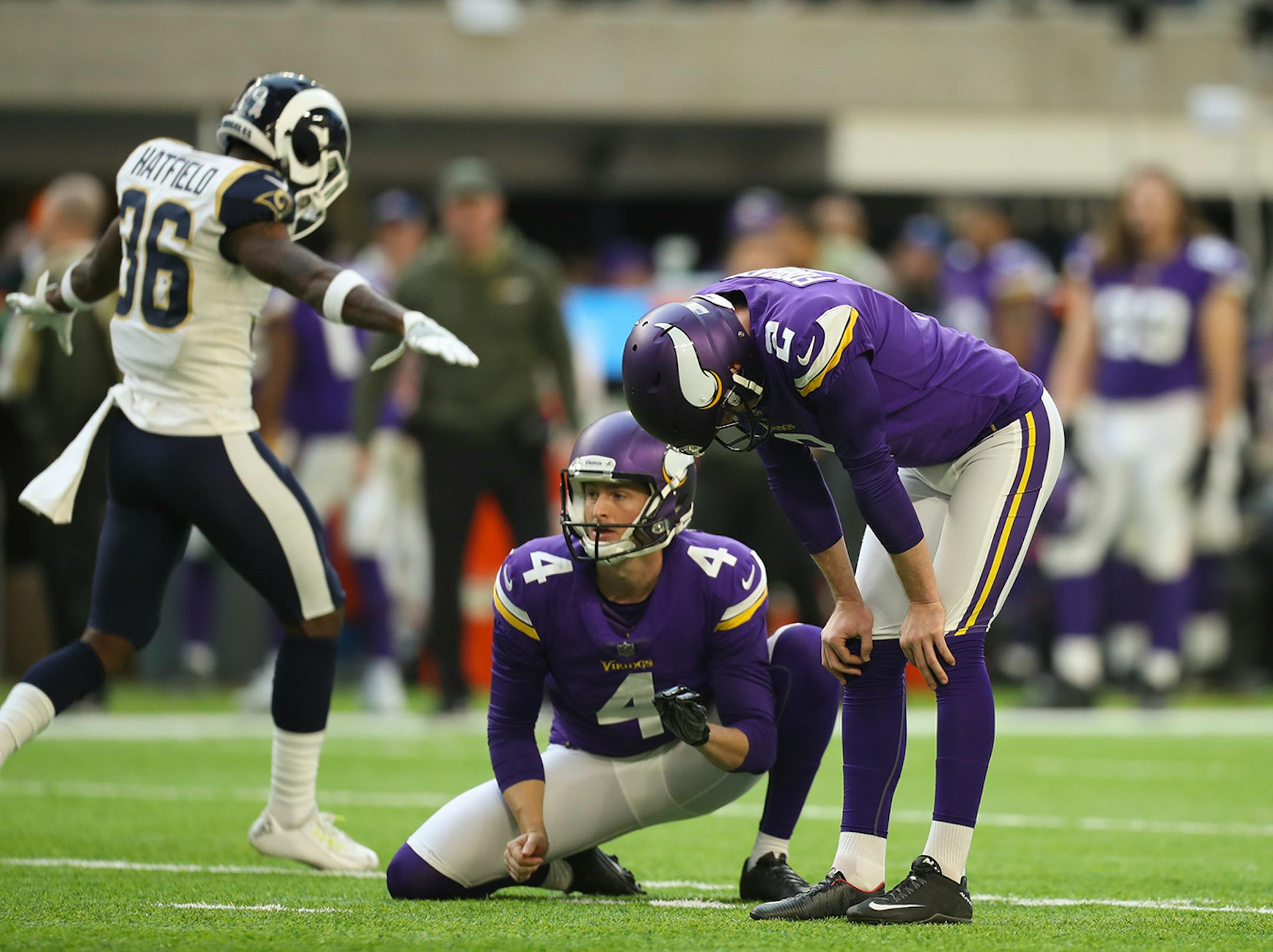 Minnesota Vikings kicker Kai Forbath reacted after he failed on a 39 yard field goal attempt in the third quarter.