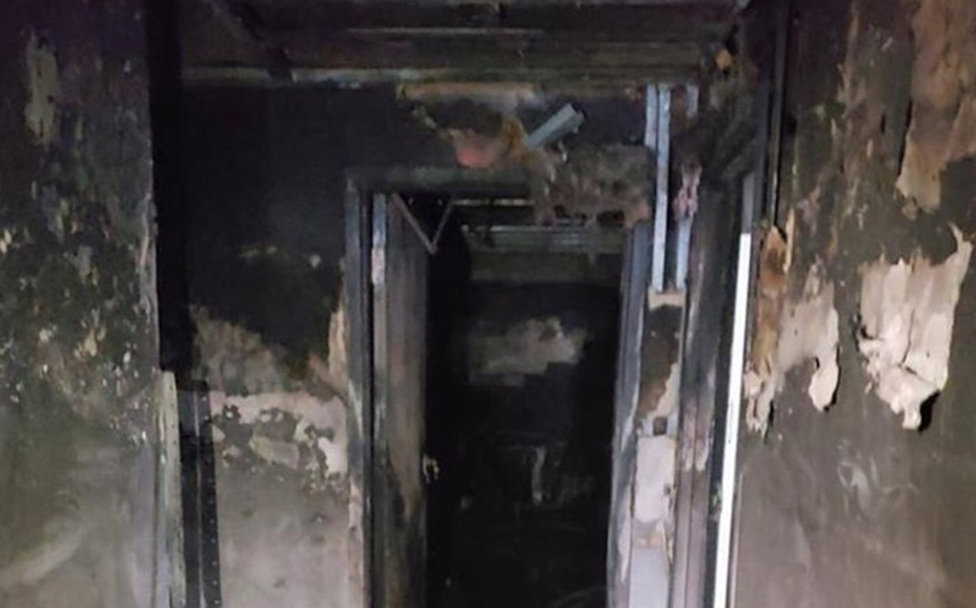 The burned-out 14th floor of the high-rise at Cedar High apartments, where five people died from smoke inhalation.