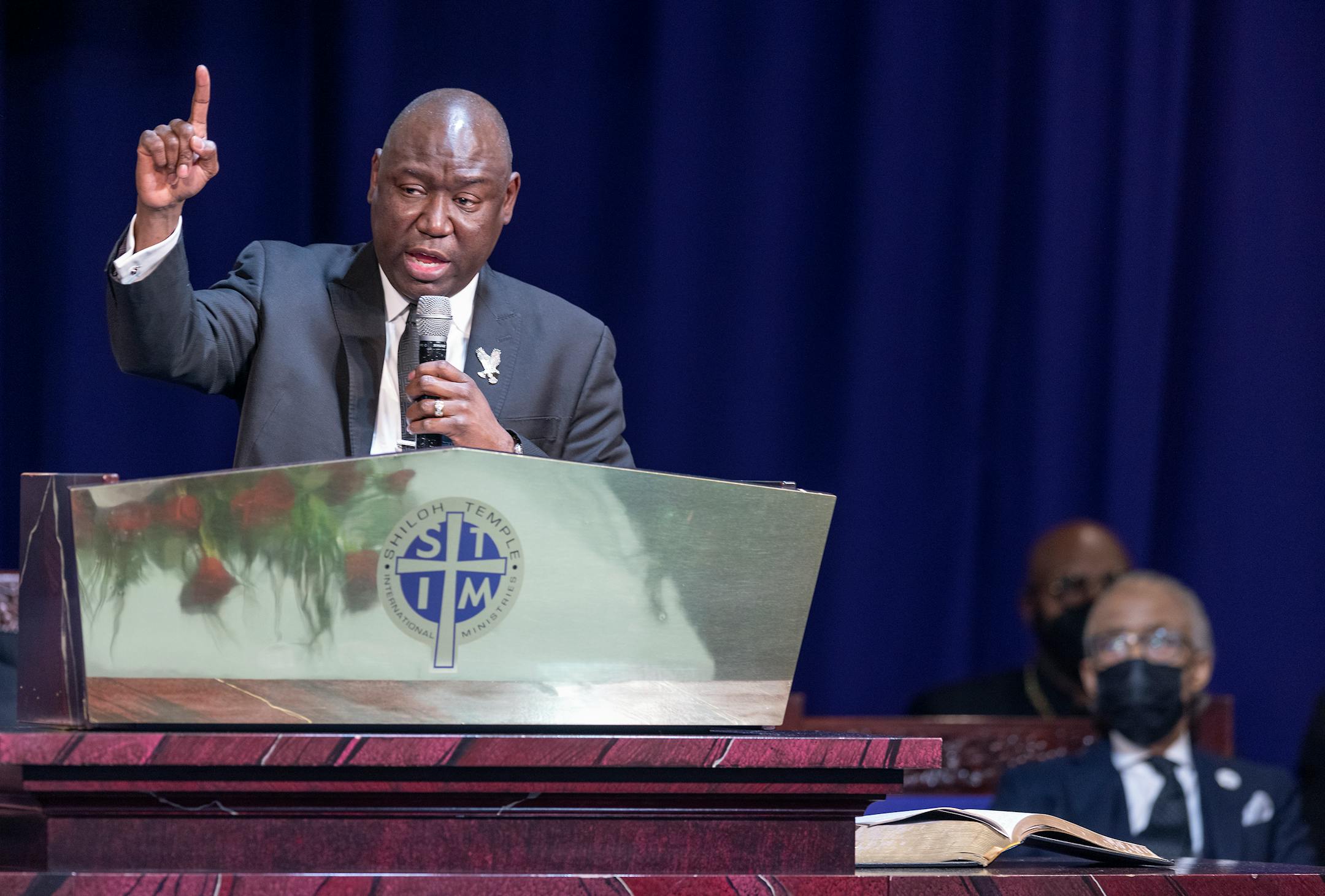 Attorney Ben Crump speaks during Amir Locke's funeral at Shiloh Temple Intl. Ministries in Minneapolis, Minn., on Thursday, February. 17, 2022. ] Elizabeth Flores • liz.flores@startribune.com
