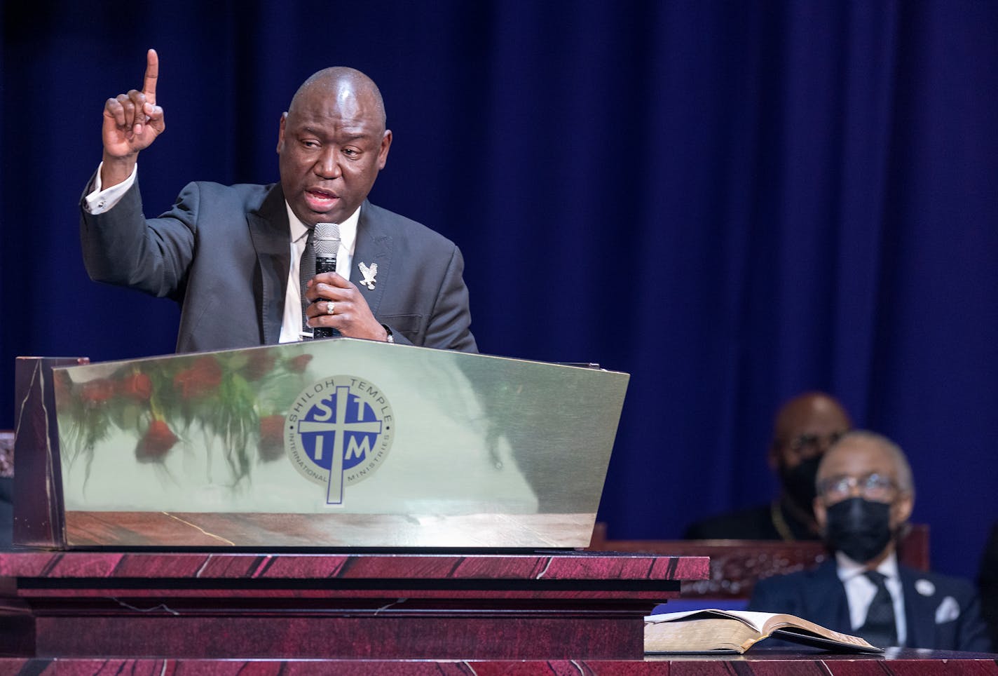 Attorney Ben Crump speaks during Amir Locke's funeral at Shiloh Temple Intl. Ministries in Minneapolis, Minn., on Thursday, February. 17, 2022. ] Elizabeth Flores • liz.flores@startribune.com