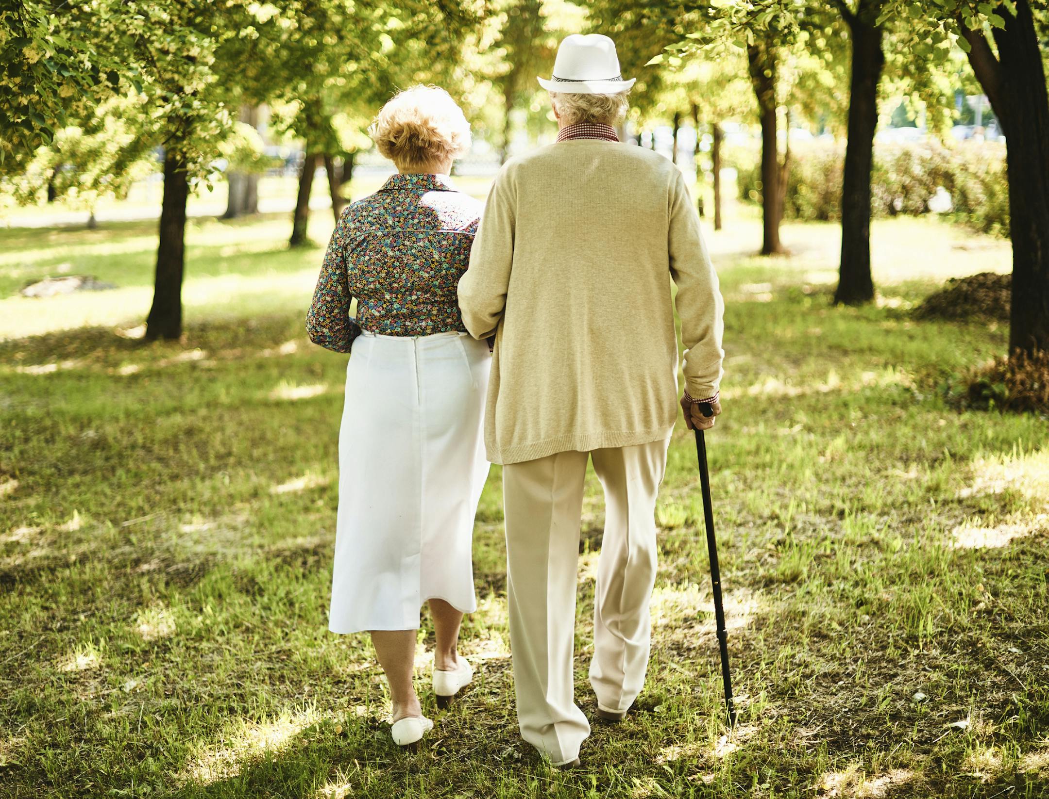 Happy seniors taking a walk in the park on sunny day