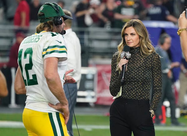 Green Bay Packers quarterback Aaron Rodgers gets interviewed by Fox’s Erin Andrews after last Thursday’s game against Arizona.