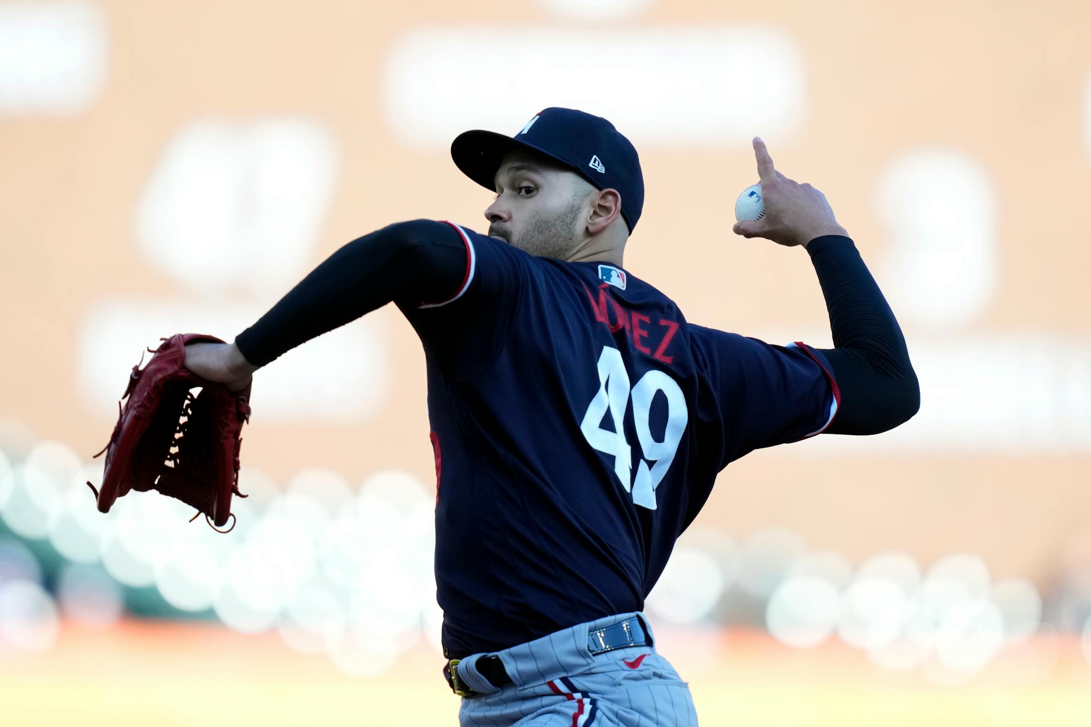 Minnesota Twins starting pitcher Pablo Lopez throws during the first inning of a baseball game against the Detroit Tigers, Monday, Aug. 7, 2023, in Detroit. (AP Photo/Carlos Osorio)