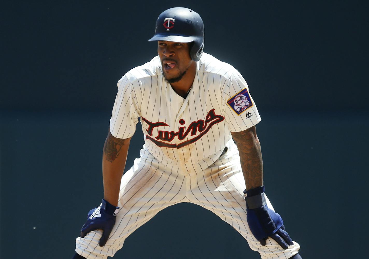 Minnesota Twins' Byron Buxton takes a lead at first base against the St. Louis Cardinals in a baseball game Wednesday, May 16, 2018, in Minneapolis. (AP Photo/Jim Mone)