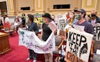 Protestors interrupt a Minneapolis City Council meeting by chanting and reading prepared speeches Thursday, Sep. 22, 2022 at Minneapolis City Hall. Pr