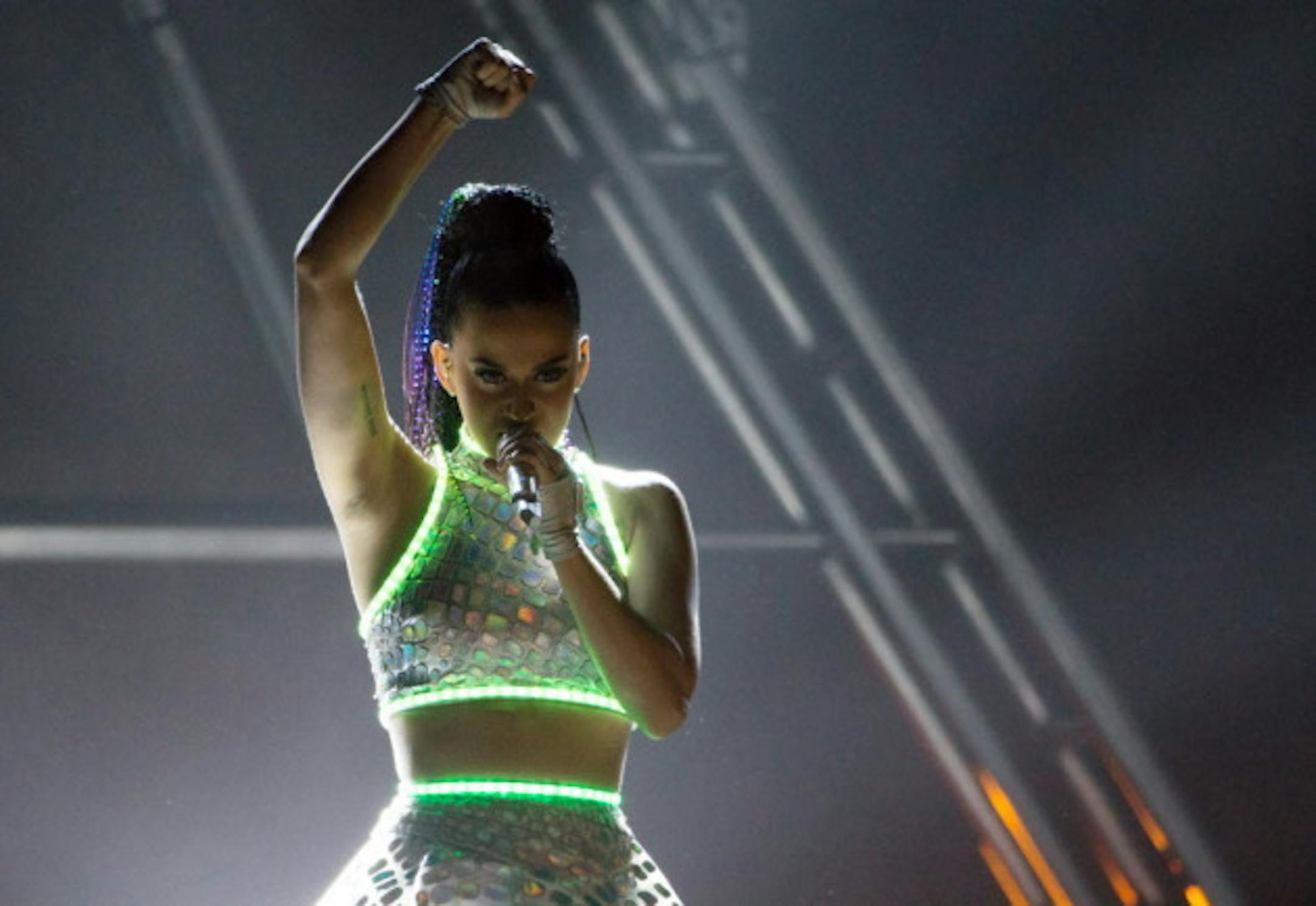 Katy Perry wore a neon-adorned dress for her first of about a dozen outfits at Target Center on Friday. / Brian Peterson, Star Tribune