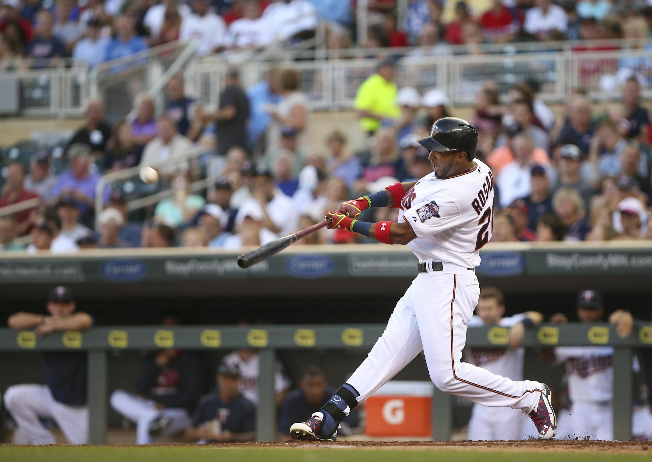 Minnesota Twins left fielder Eddie Rosario hit a three run homer in the first inning Thursday evening to give the Twins a 5-2 lead over Seattle. ] JEFF WHEELER ï jeff.wheeler@startribune.com The Minnesota Twins began a series with the Seattle Mariners Thursday night, July 30, 2015 at Target Field in Minneapolis.