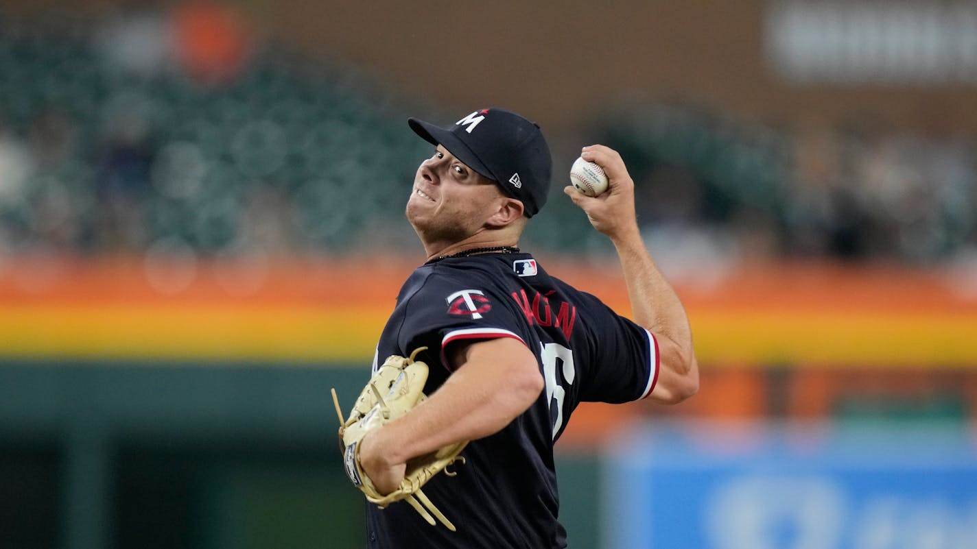 Minnesota Twins relief pitcher Emilio Pagan plays during a baseball game, Wednesday, Aug. 9, 2023, in Detroit. (AP Photo/Carlos Osorio)