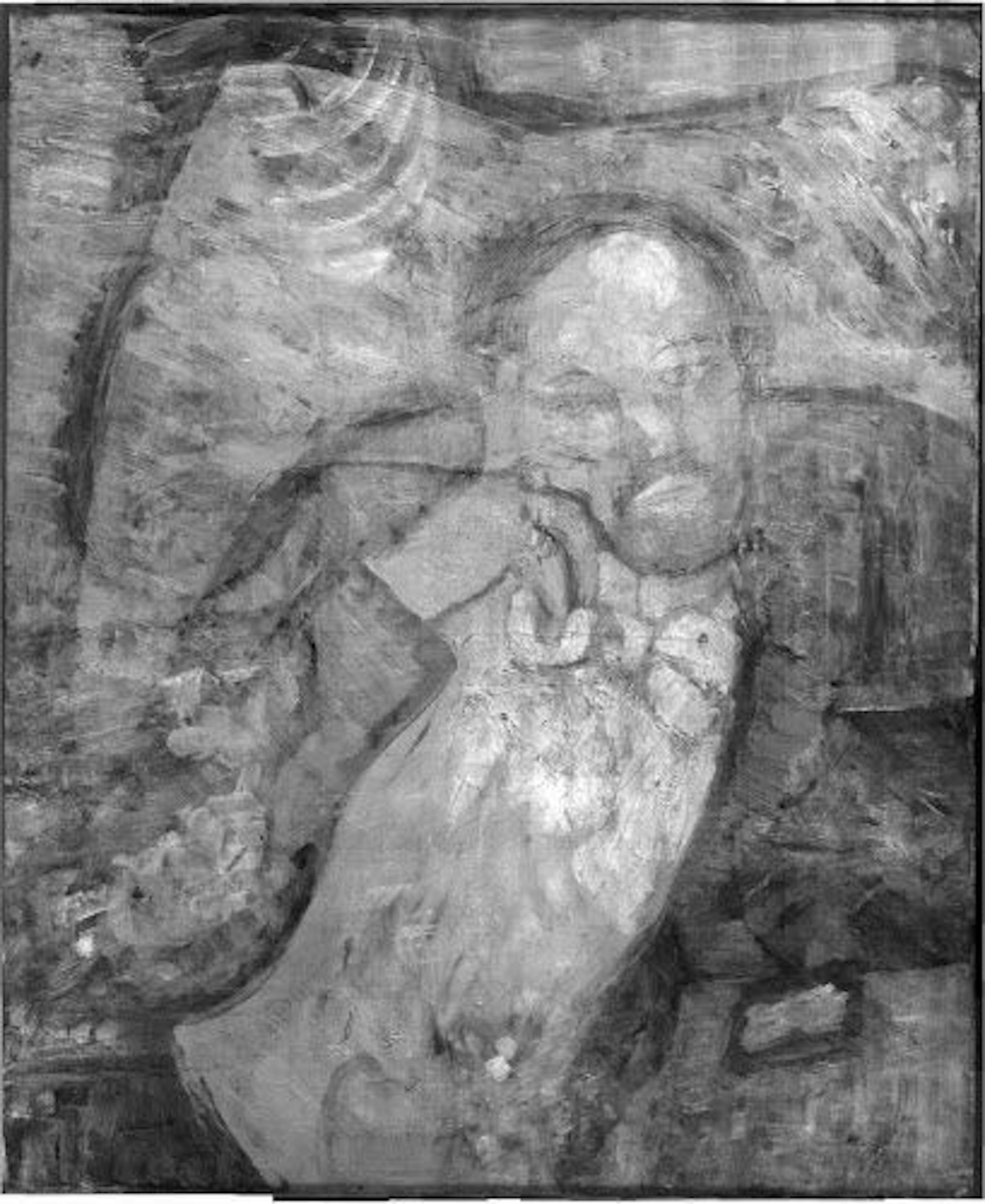 Advances in infrared imagery reveal a bow-tied man with his face resting on his hand, with three rings on his fingers.