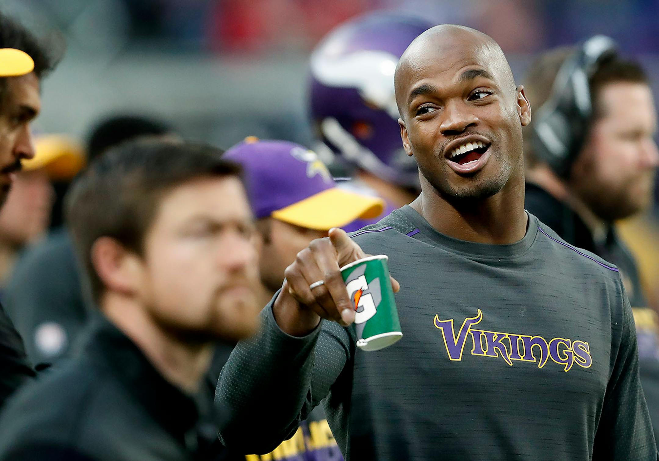 Minnesota Vikings running back Adrian Peterson joked with teammates on the sidelines in the fourth quarter.