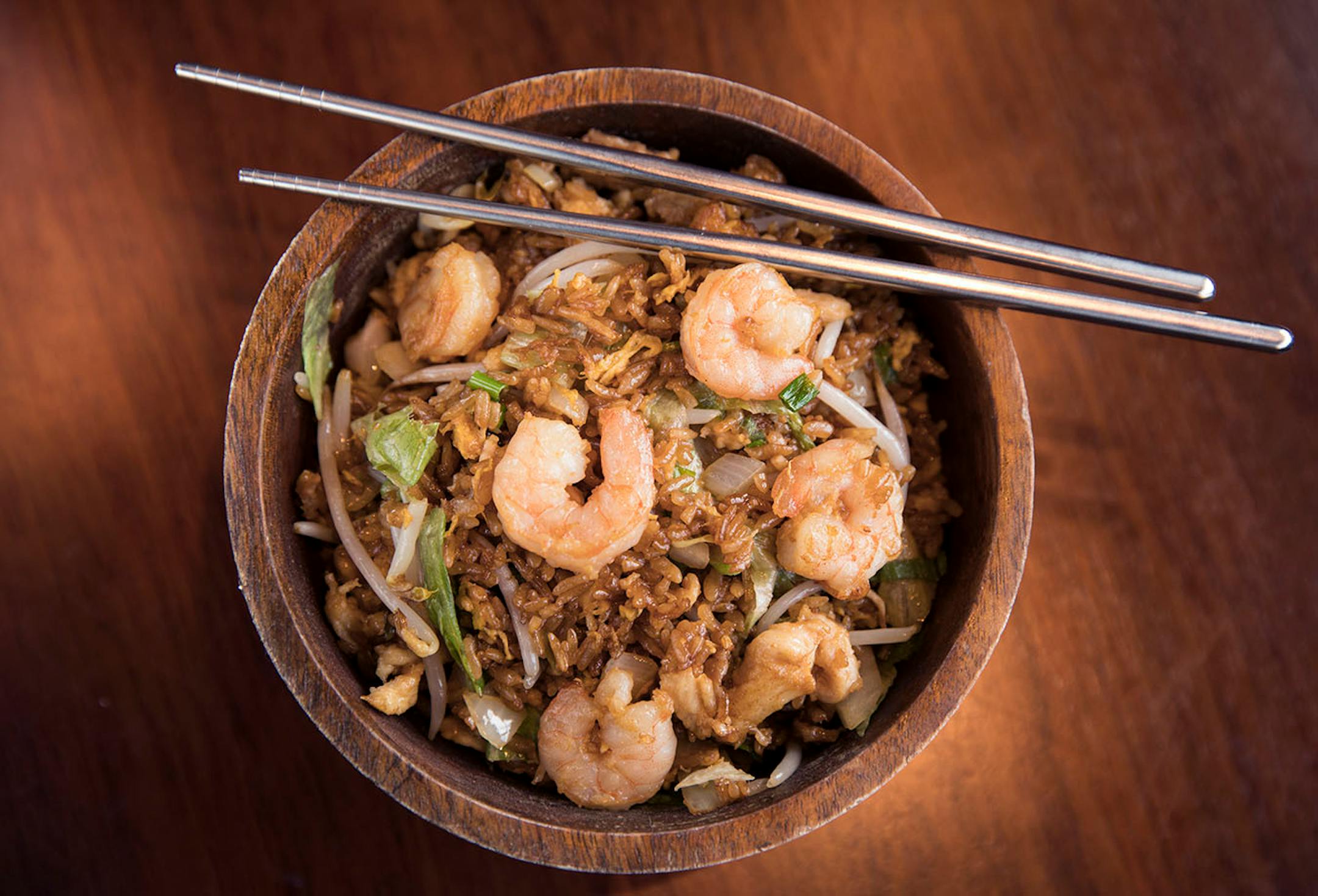 Jun's fried rice with eggs, onion, bean sprouts and shrimp.