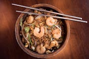 Jun's fried rice with eggs, onion, bean sprouts and shrimp.